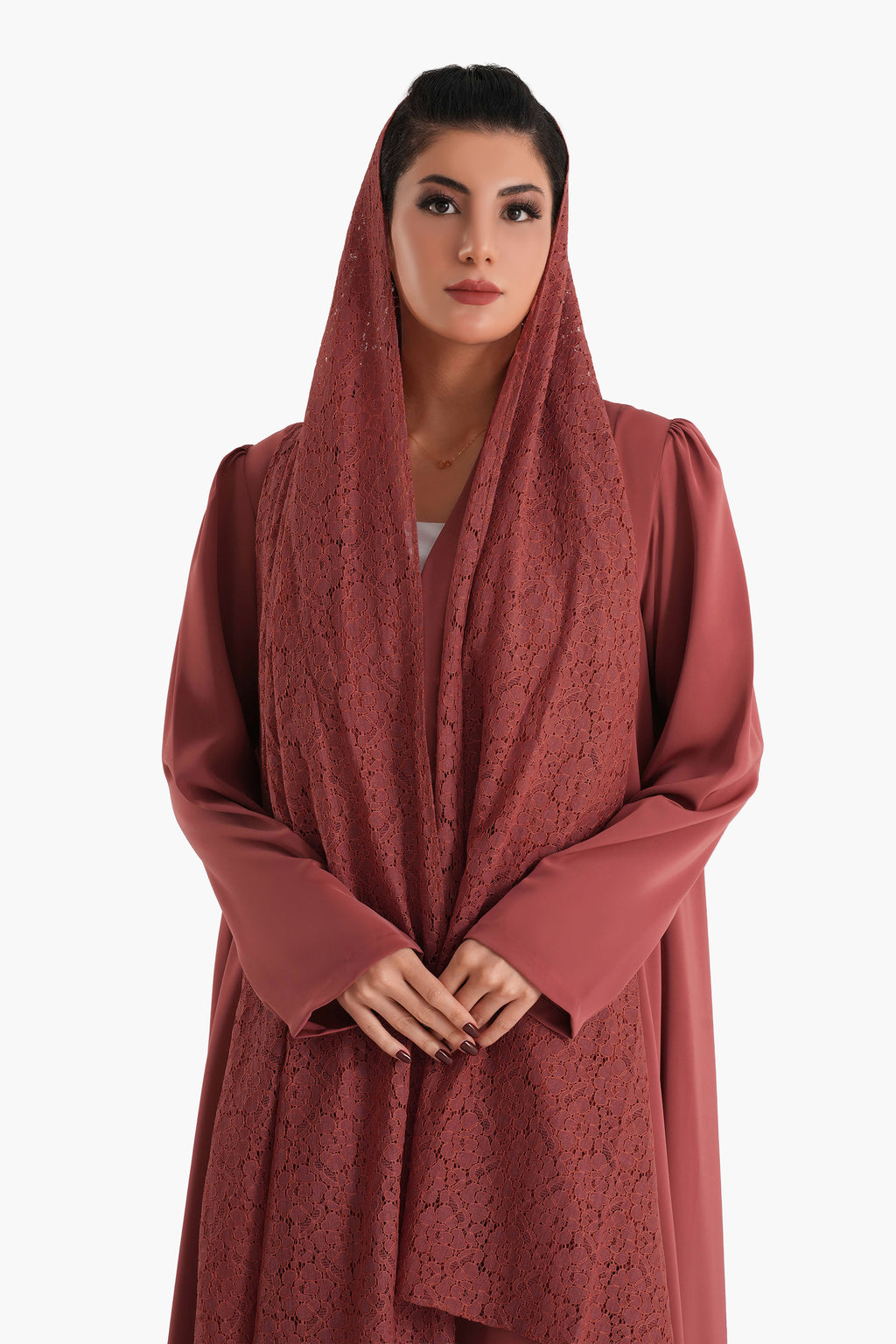 Frenchelle Pastel Red- Plain Minimalist Abaya with Matching Floral Lace Shella Set