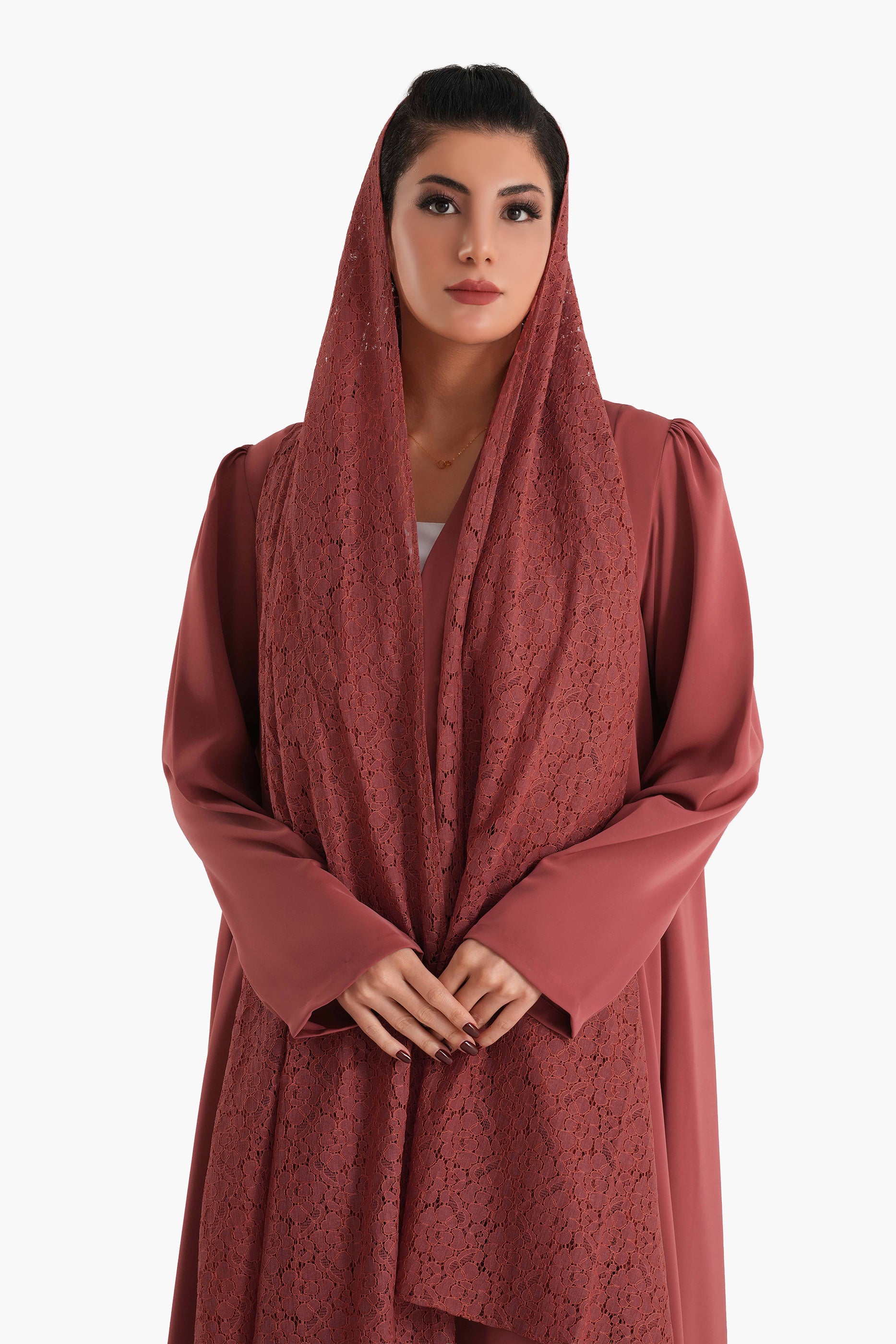 Frenchelle Pastel Red- Plain Minimalist Abaya with Matching Floral Lace Shella Set