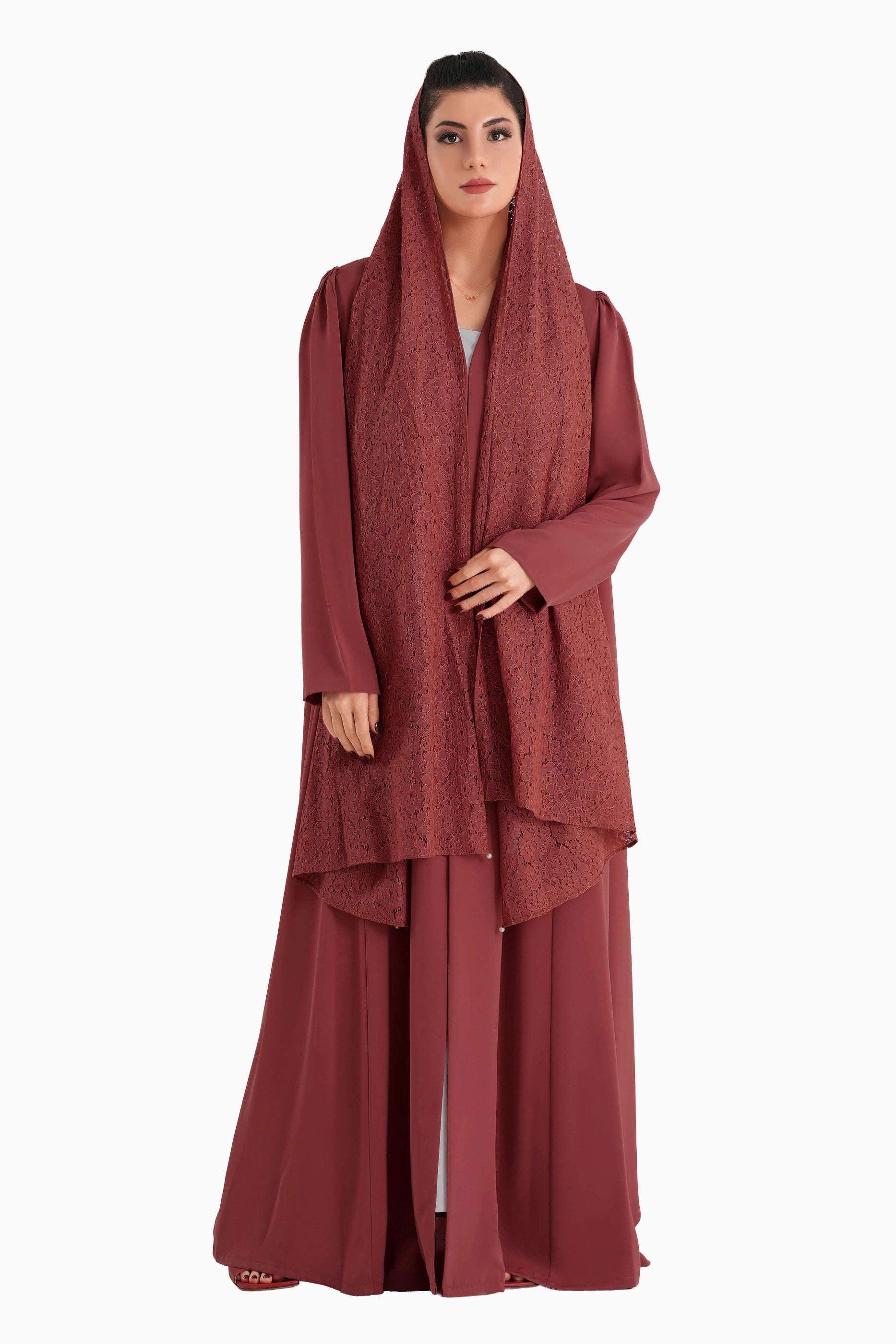 Frenchelle Pastel Red- Plain Minimalist Abaya with Matching Floral Lace Shella Set