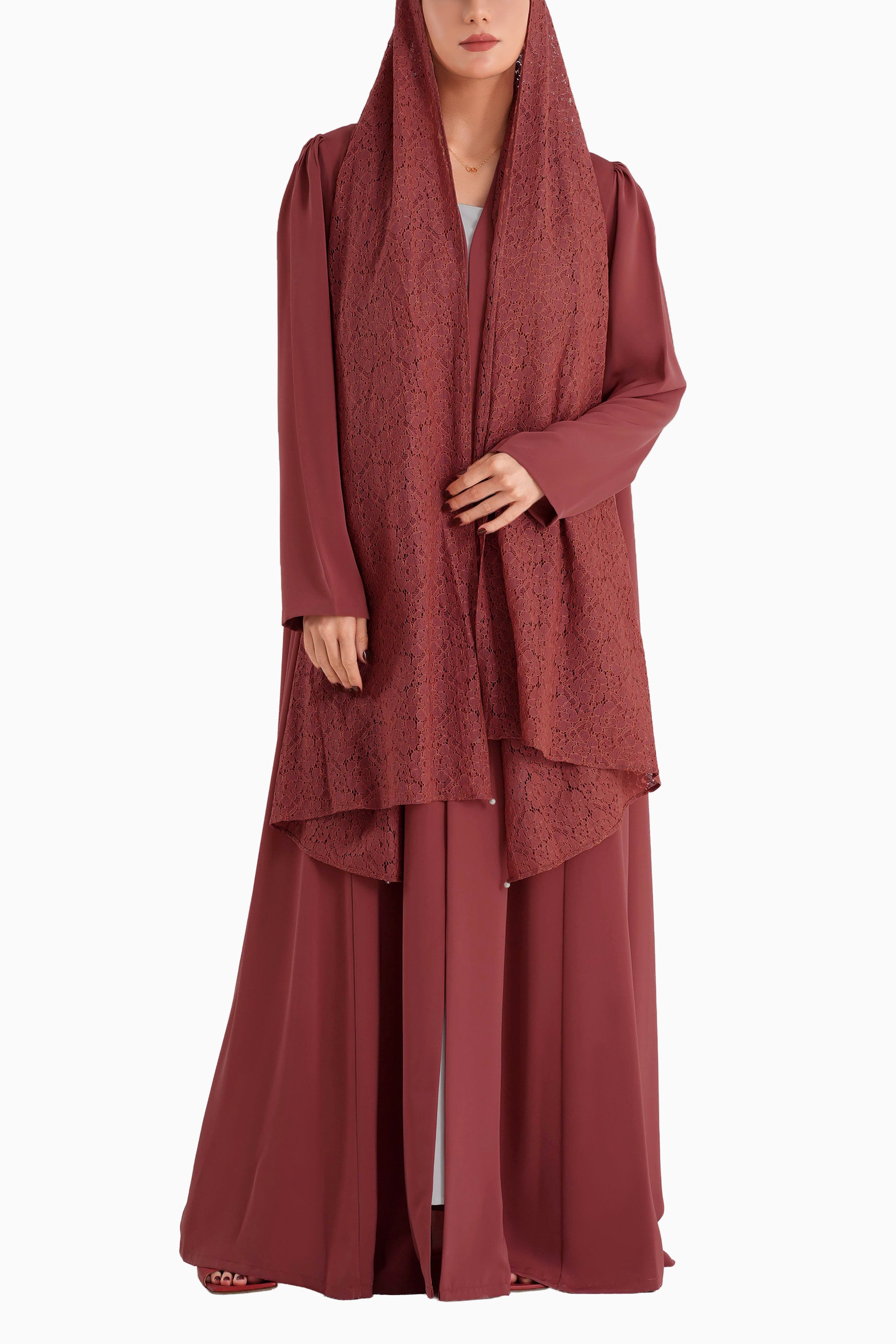 Frenchelle Pastel Red- Plain Minimalist Abaya with Matching Floral Lace Shella Set