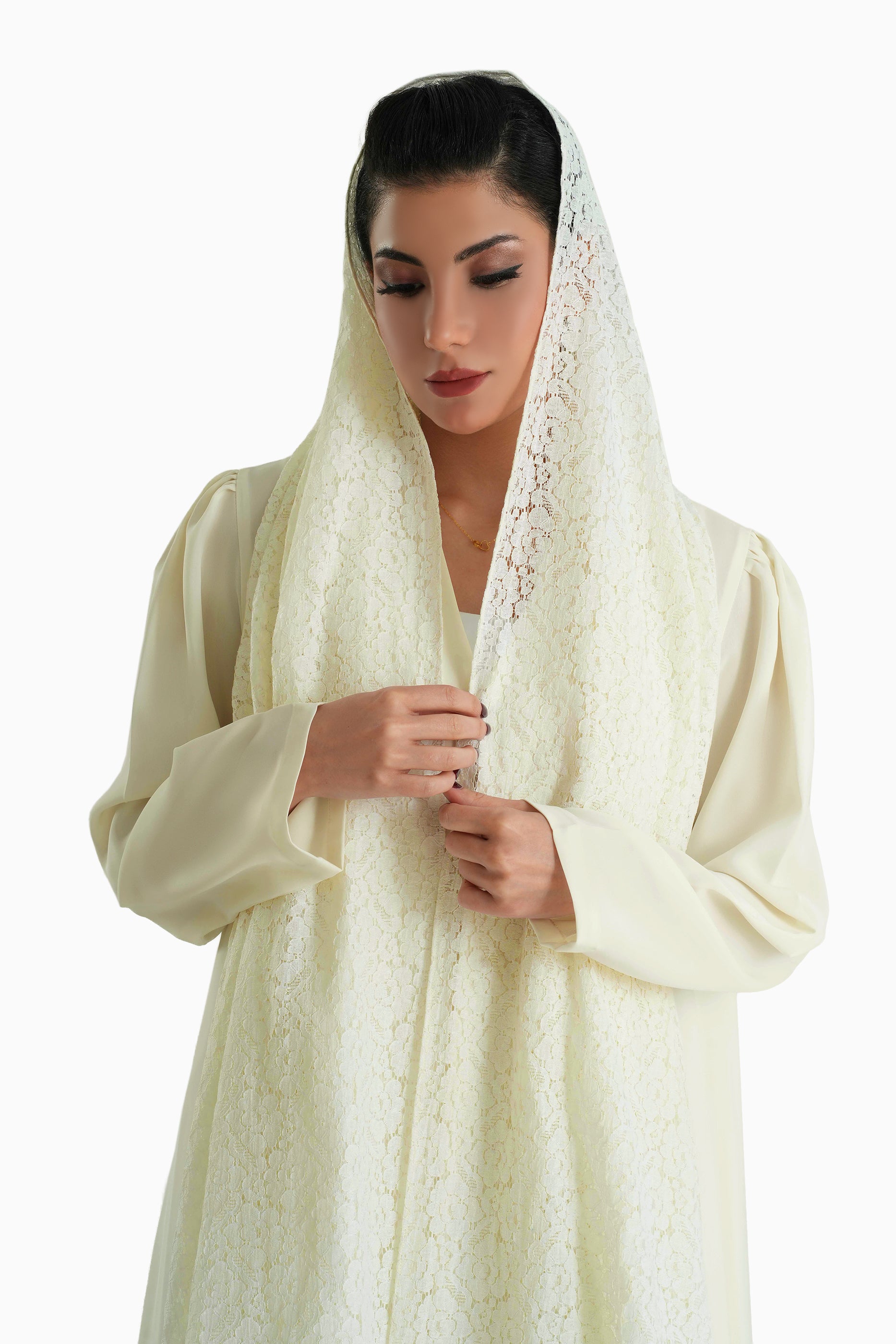 Frenchelle Powder White- Plain Minimalist Abaya with Matching Floral Lace Shella Set