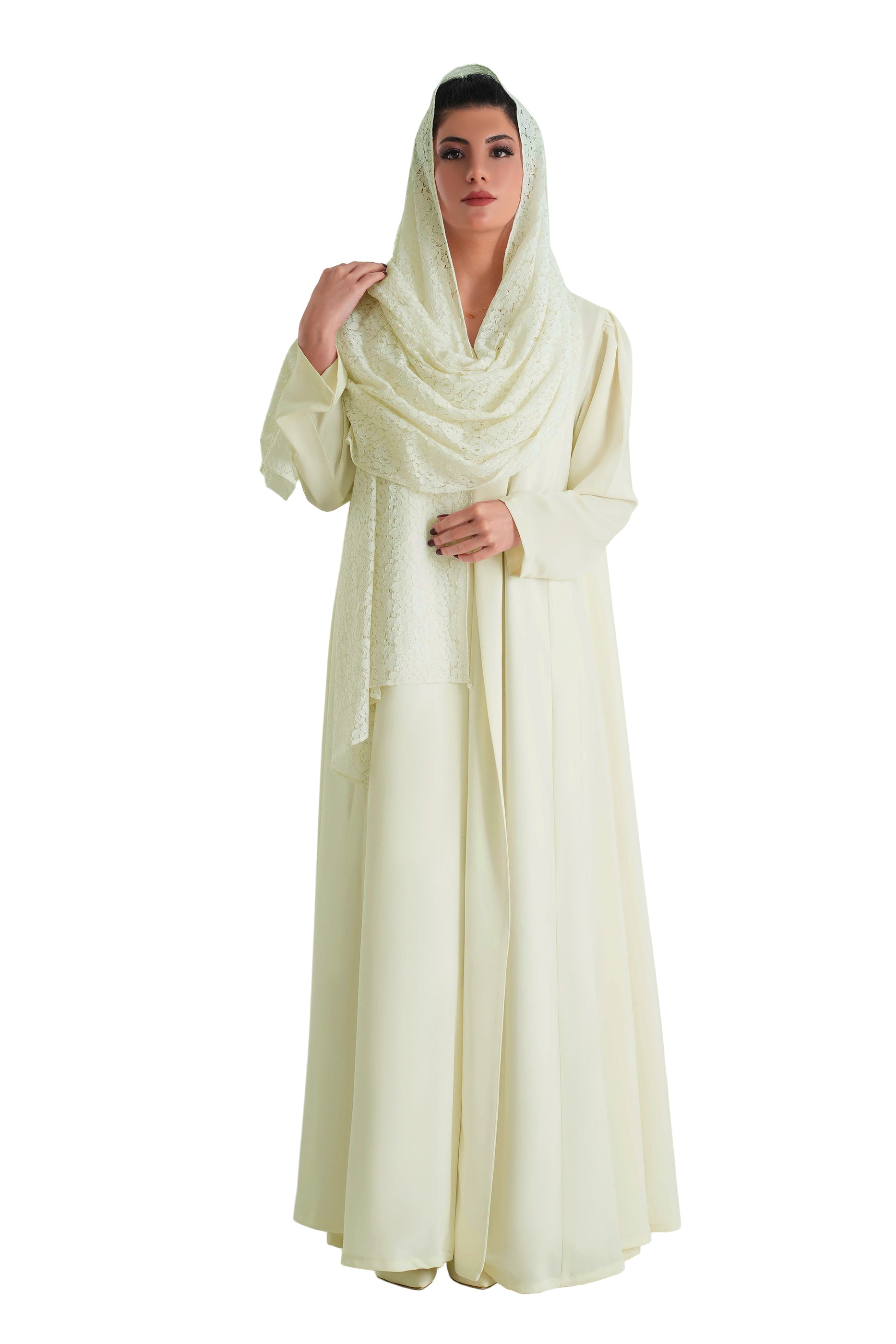 Frenchelle Powder White- Plain Minimalist Abaya with Matching Floral Lace Shella Set