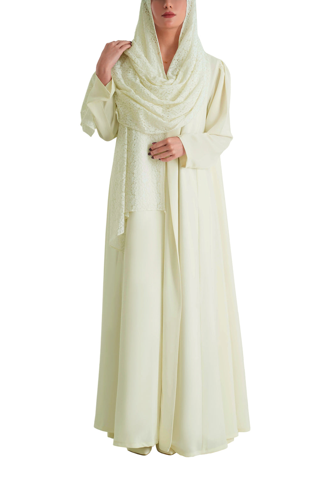 Frenchelle Powder White- Plain Minimalist Abaya with Matching Floral Lace Shella Set