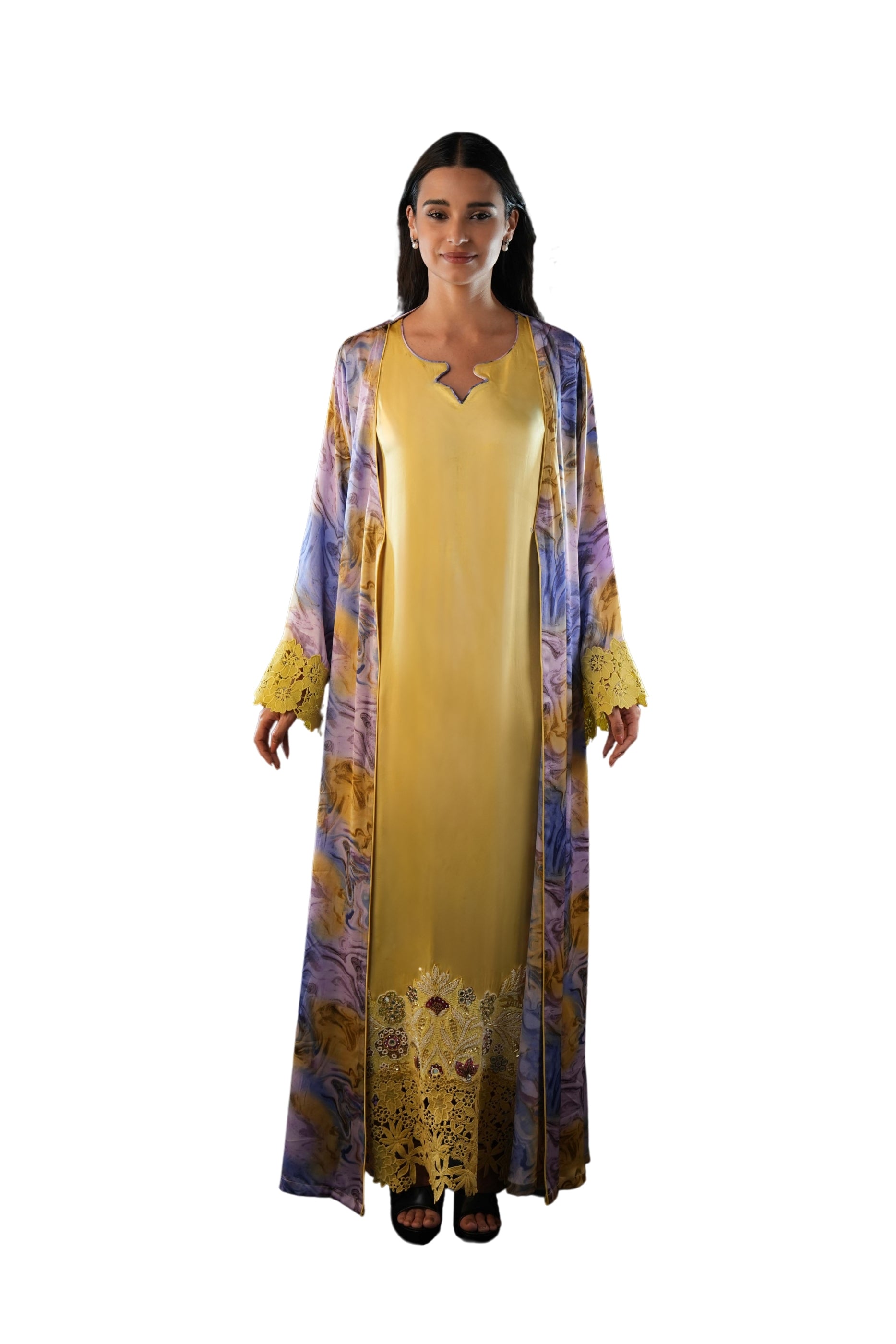 Saja Maize- Floral Lace Embroidered Kaftan with Inner dress Set