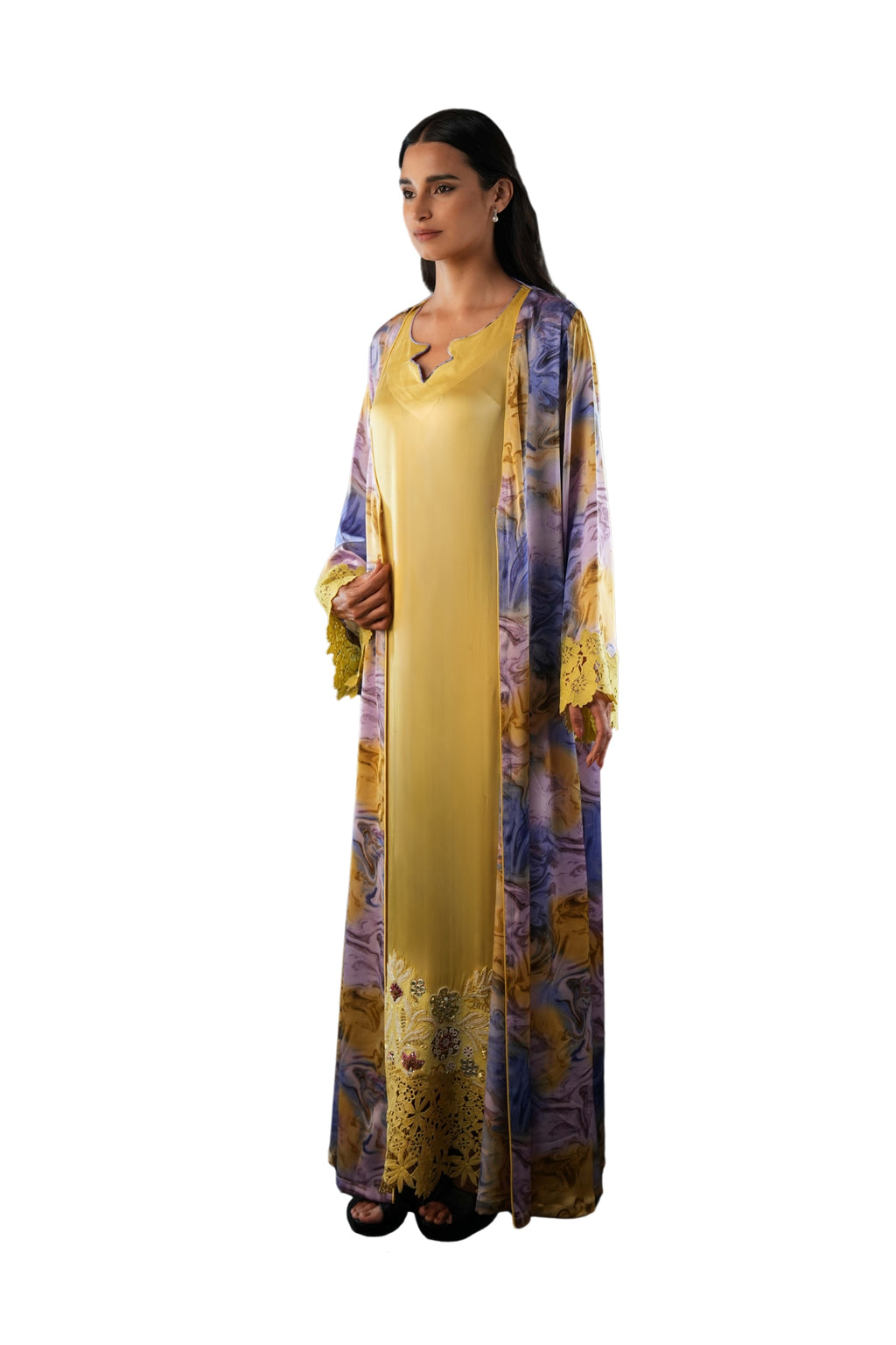 Saja Maize- Floral Lace Embroidered Kaftan with Inner dress Set