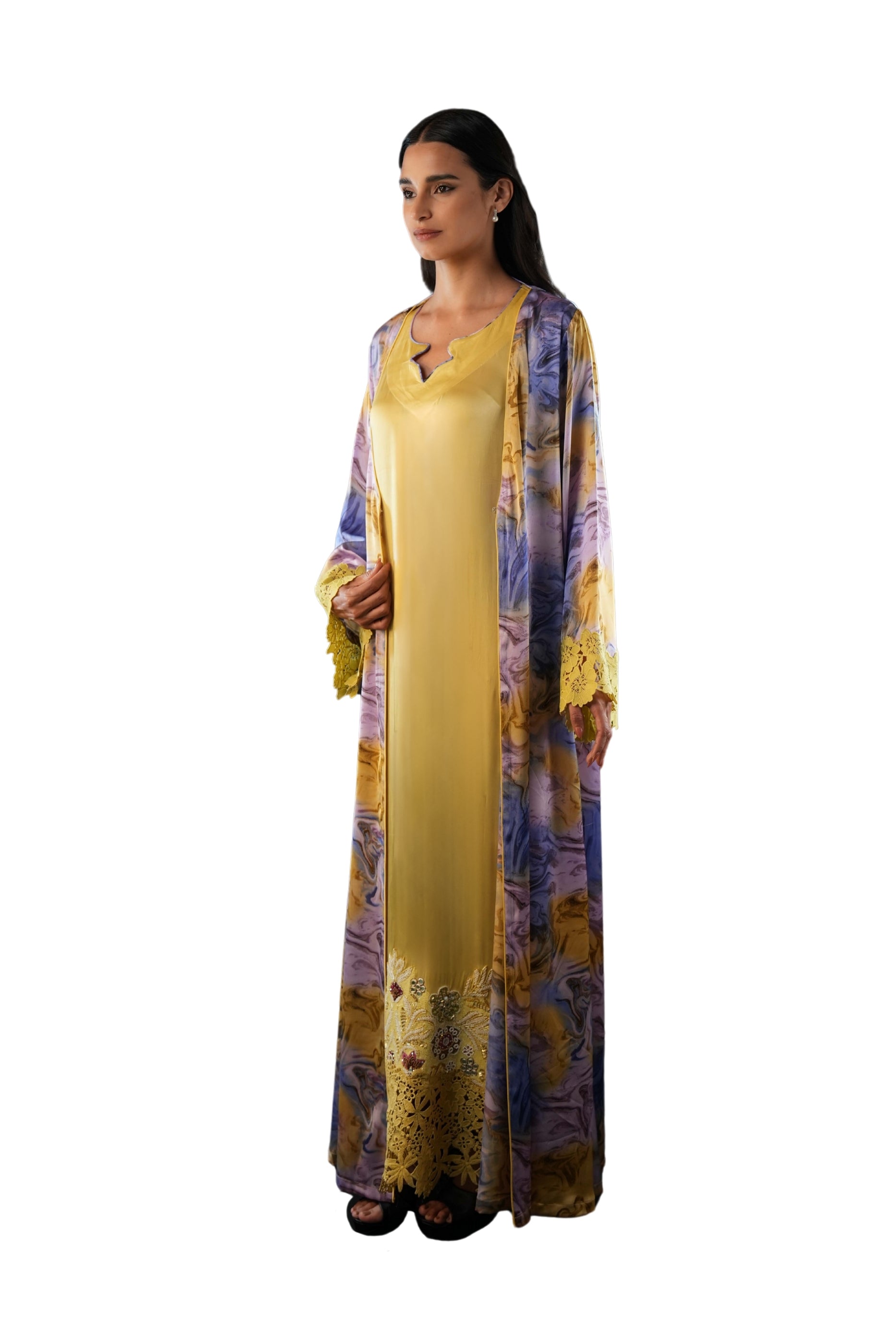 Saja Maize- Floral Lace Embroidered Kaftan with Inner dress Set