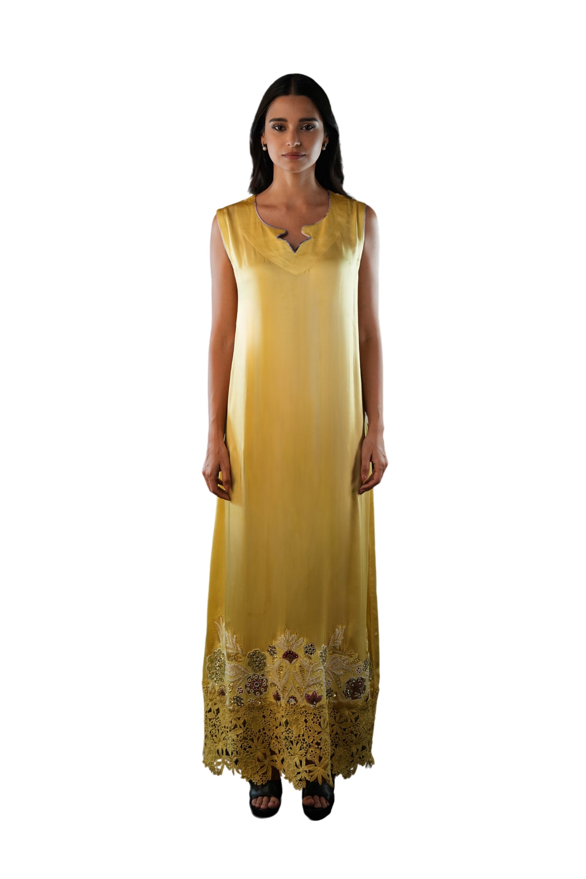 Saja Maize- Floral Lace Embroidered Kaftan with Inner dress Set
