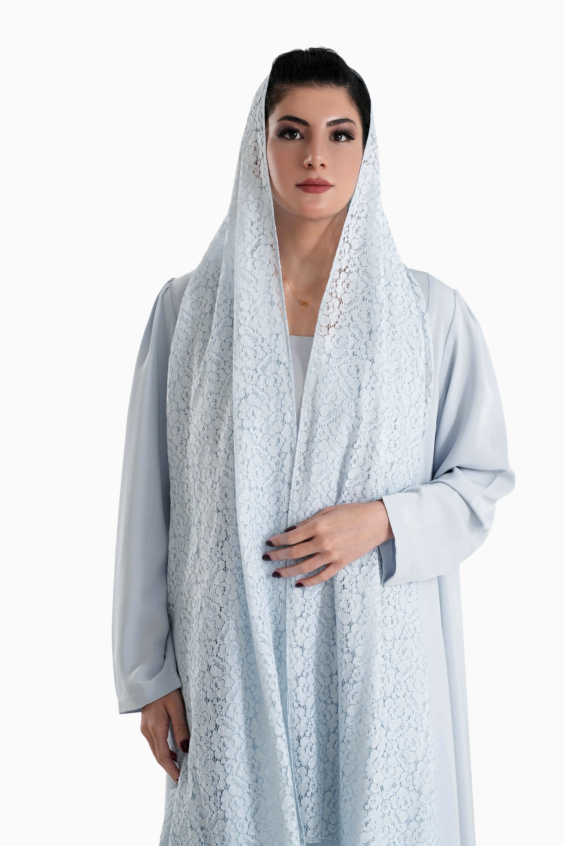 Frenchelle Pastel Blue - Plain Minimalist Abaya with Matching Floral Lace Shella Set