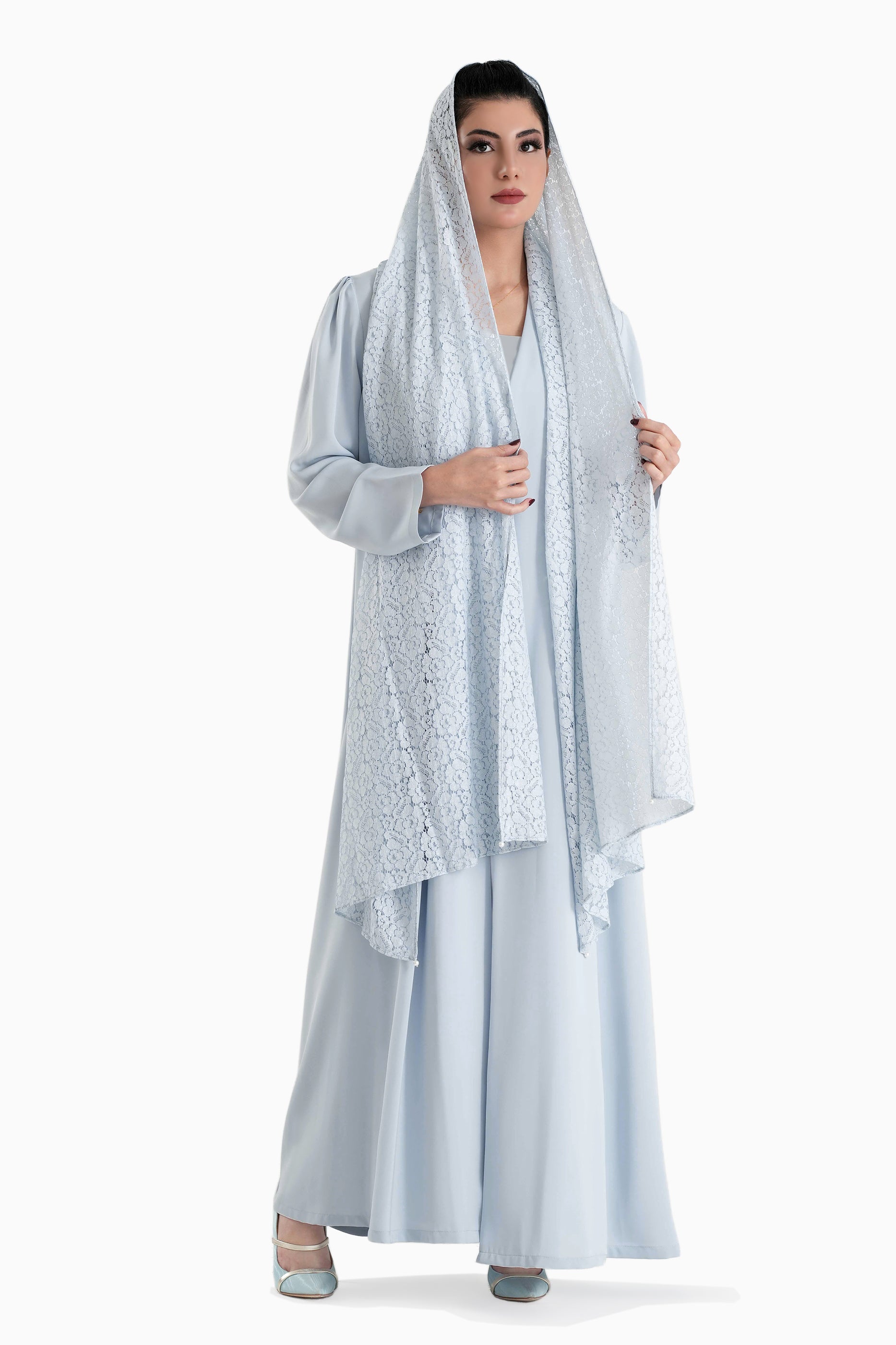 Frenchelle Pastel Blue - Plain Minimalist Abaya with Matching Floral Lace Shella Set