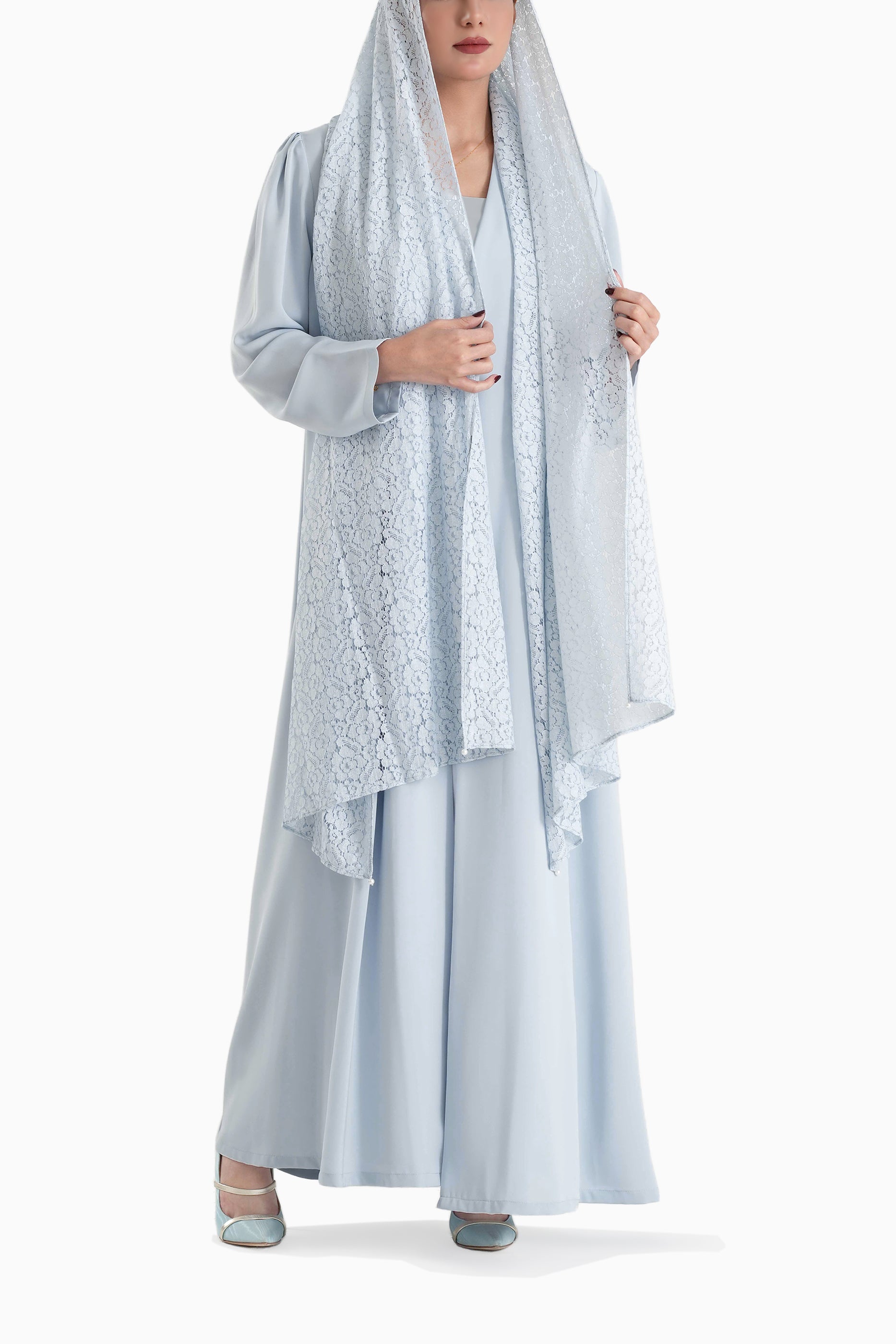 Frenchelle Pastel Blue - Plain Minimalist Abaya with Matching Floral Lace Shella Set