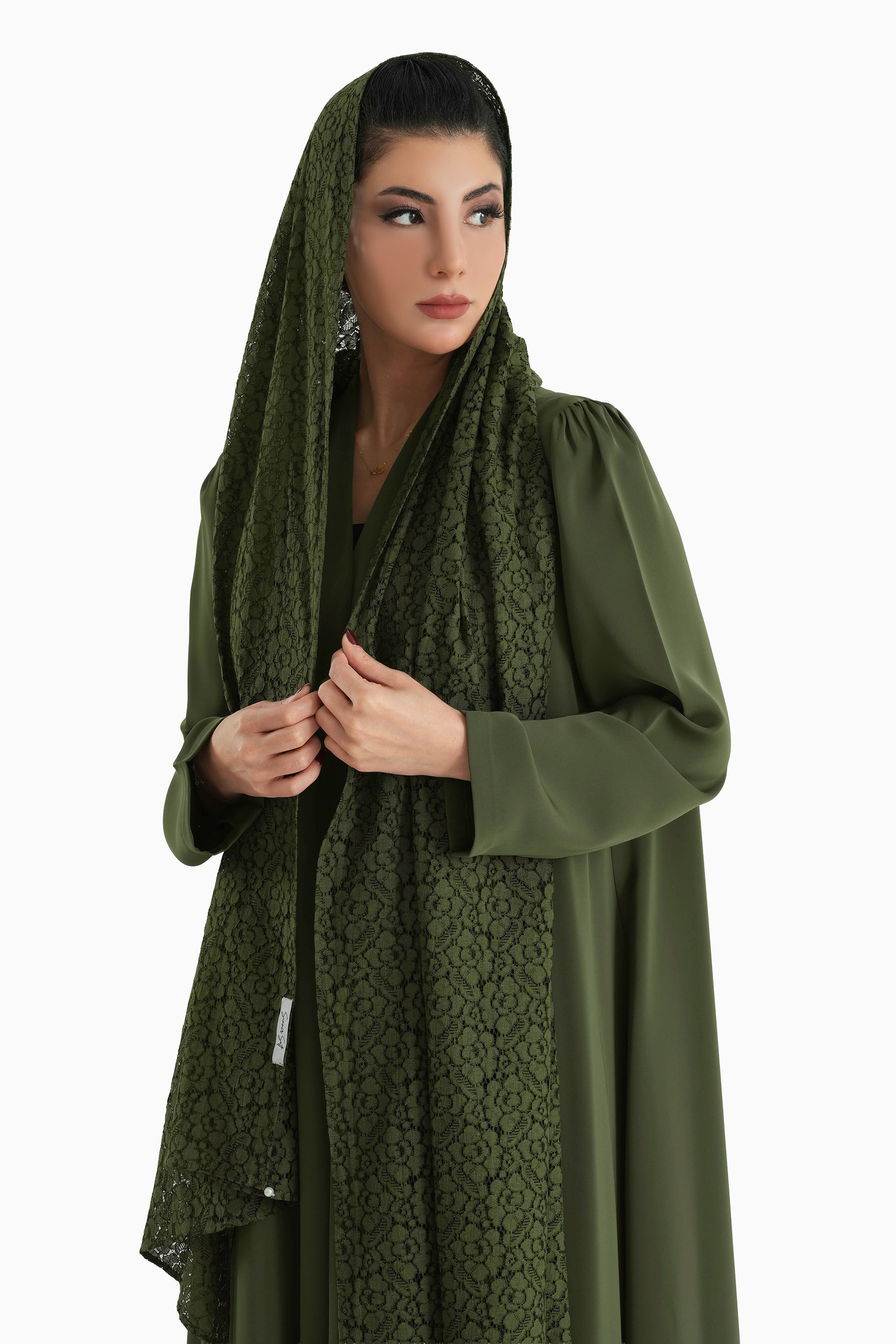 Frenchelle Navy - Plain Minimalist Abaya with Matching Floral Lace Shella Set