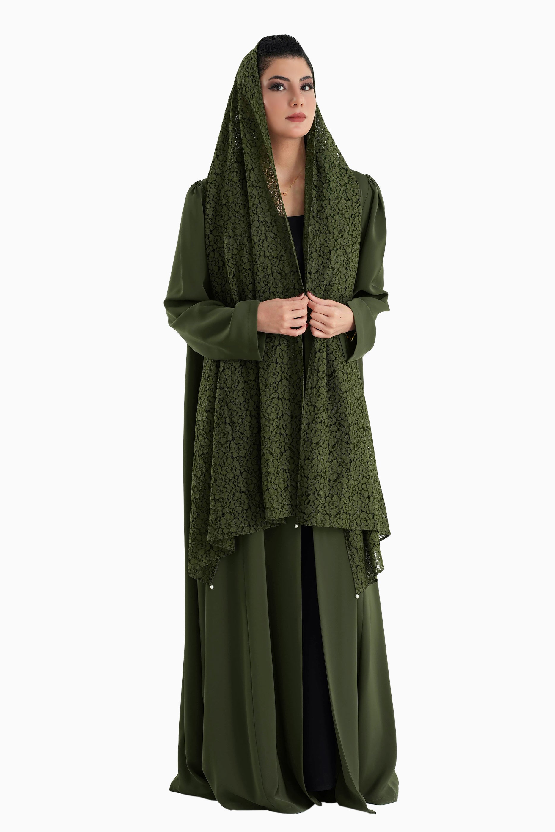 Frenchelle Navy - Plain Minimalist Abaya with Matching Floral Lace Shella Set