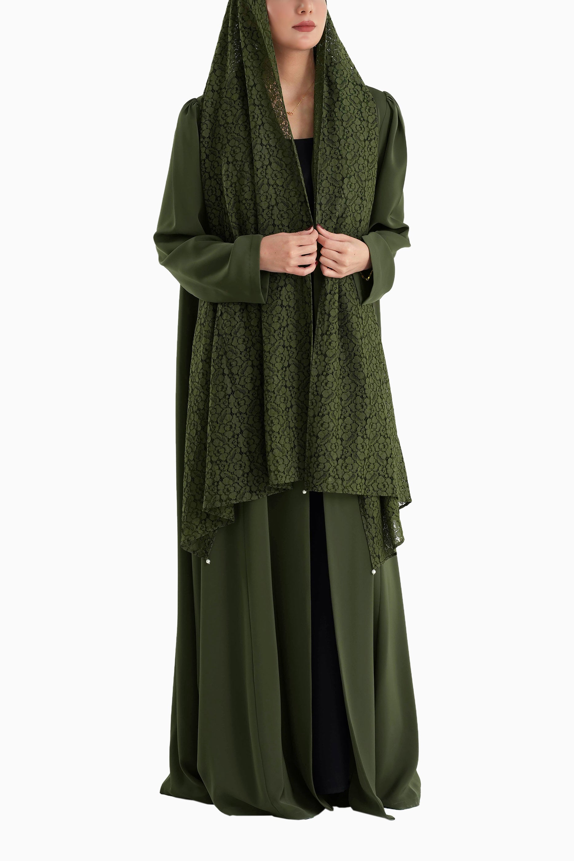 Frenchelle Navy - Plain Minimalist Abaya with Matching Floral Lace Shella Set