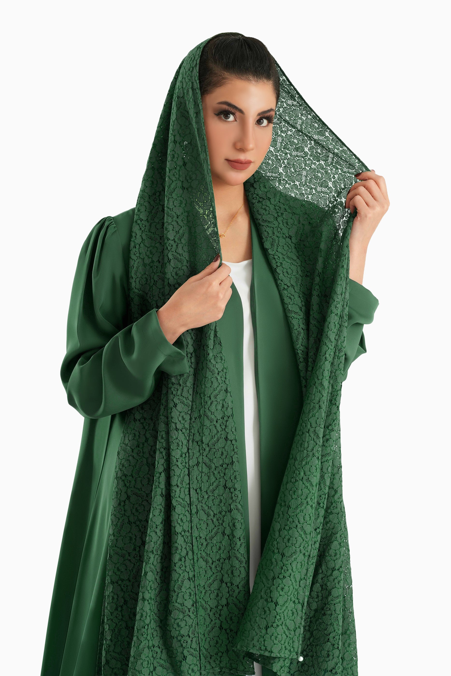 Frenchelle Green- Plain Minimalist Abaya with Matching Floral Lace Shella Set