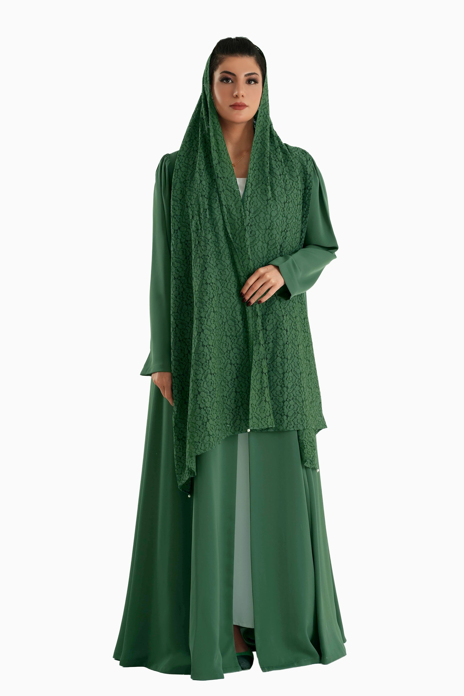 Frenchelle Green- Plain Minimalist Abaya with Matching Floral Lace Shella Set