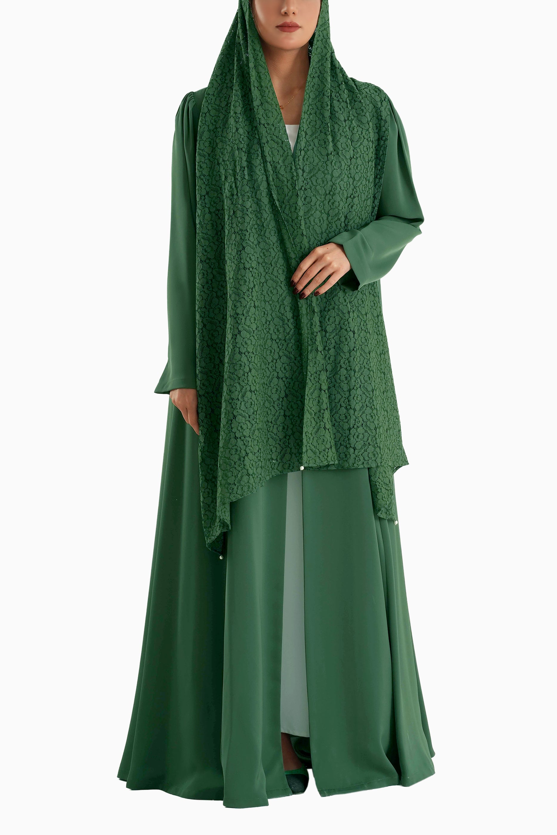 Frenchelle Green- Plain Minimalist Abaya with Matching Floral Lace Shella Set