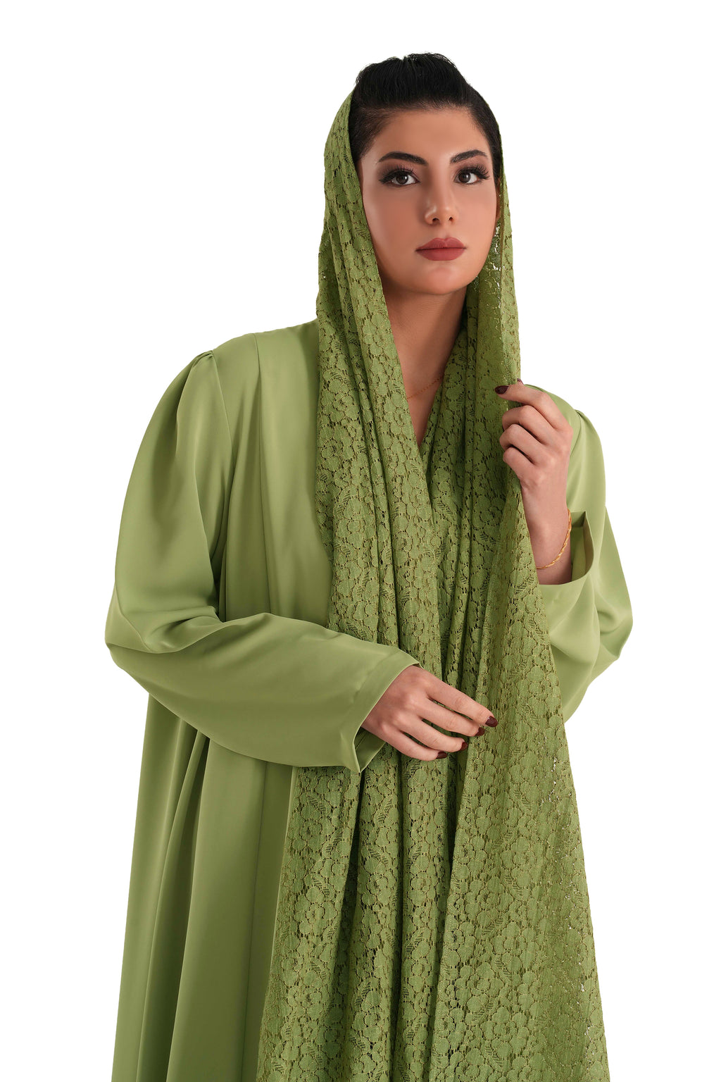 Frenchelle Light Green- Plain Minimalist Abaya with Matching Floral Lace Shella Set