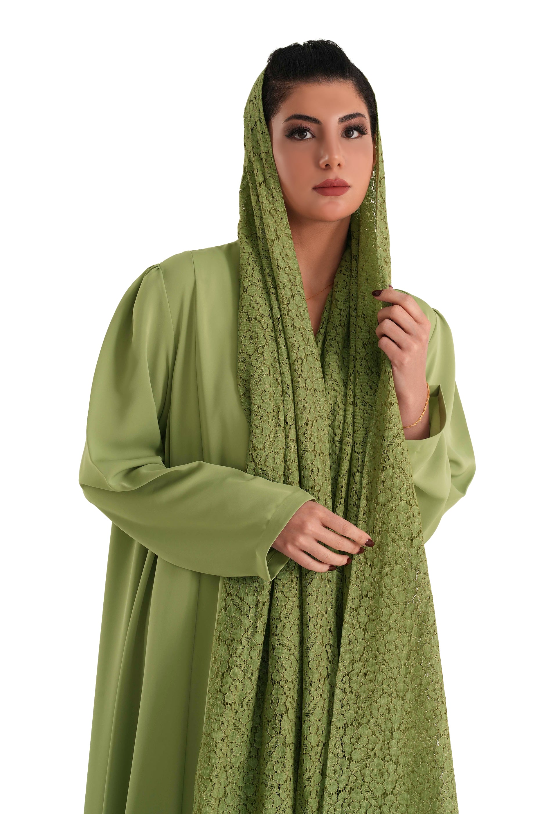 Frenchelle Light Green- Plain Minimalist Abaya with Matching Floral Lace Shella Set