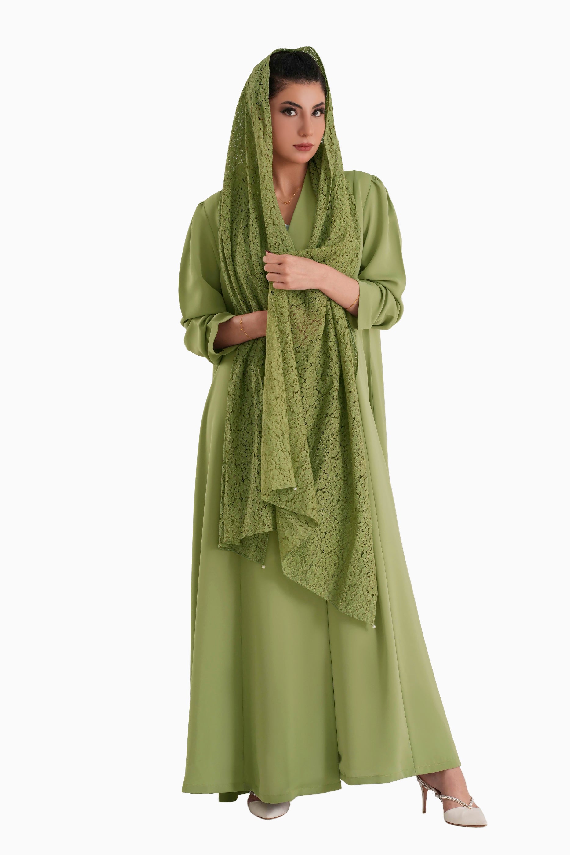 Frenchelle Light Green- Plain Minimalist Abaya with Matching Floral Lace Shella Set