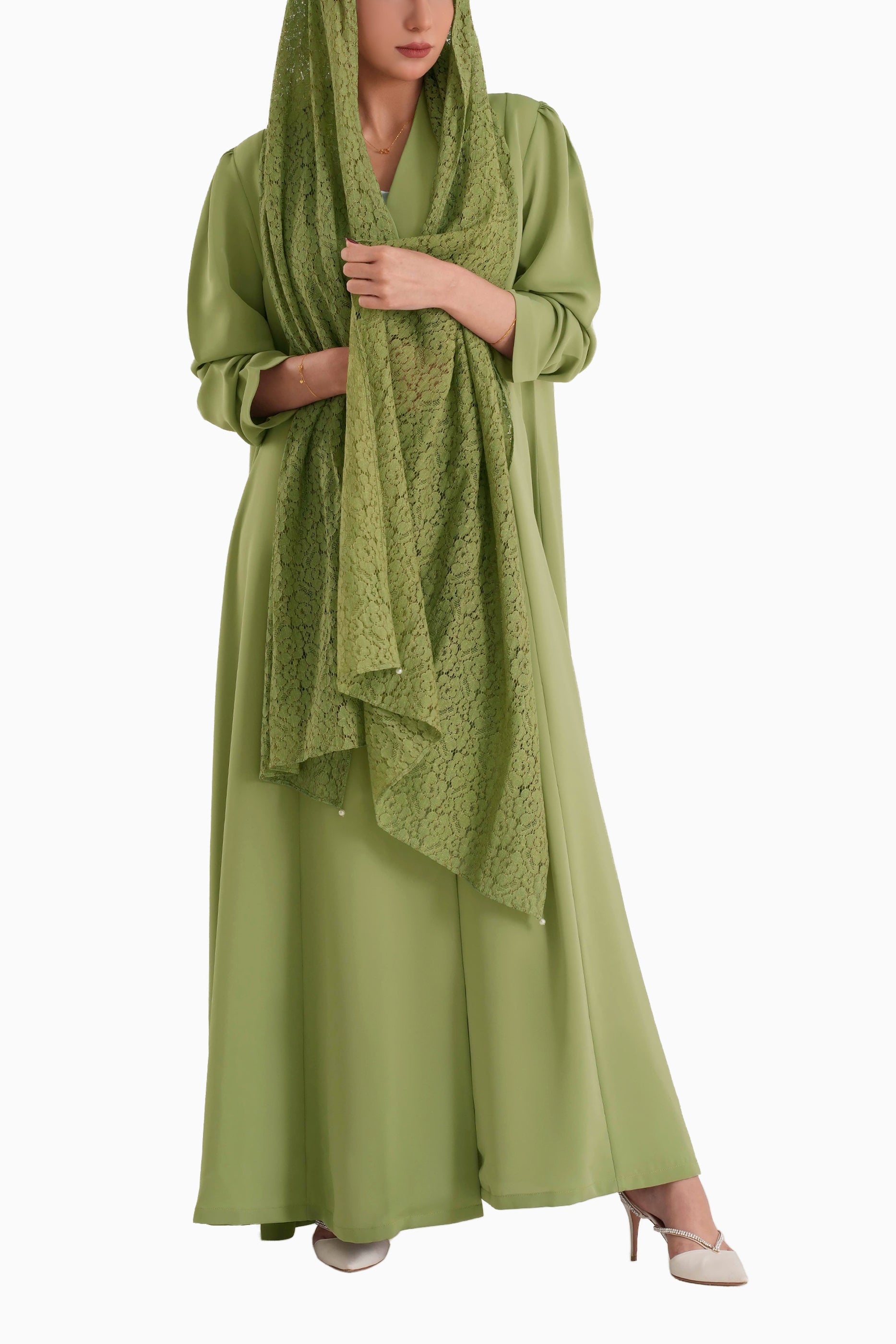Frenchelle Light Green- Plain Minimalist Abaya with Matching Floral Lace Shella Set