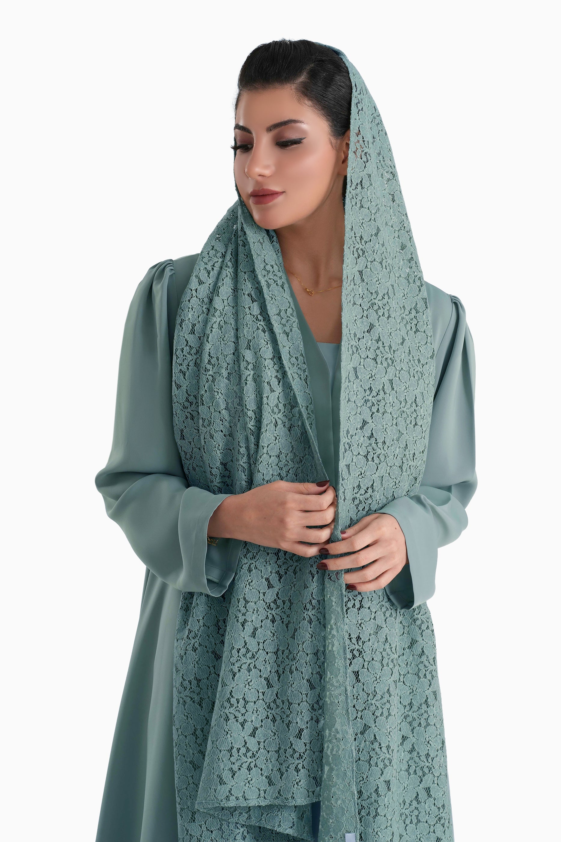 Frenchelle Pastel Teal- Plain Minimalist Abaya with Matching Floral Lace Shella Set
