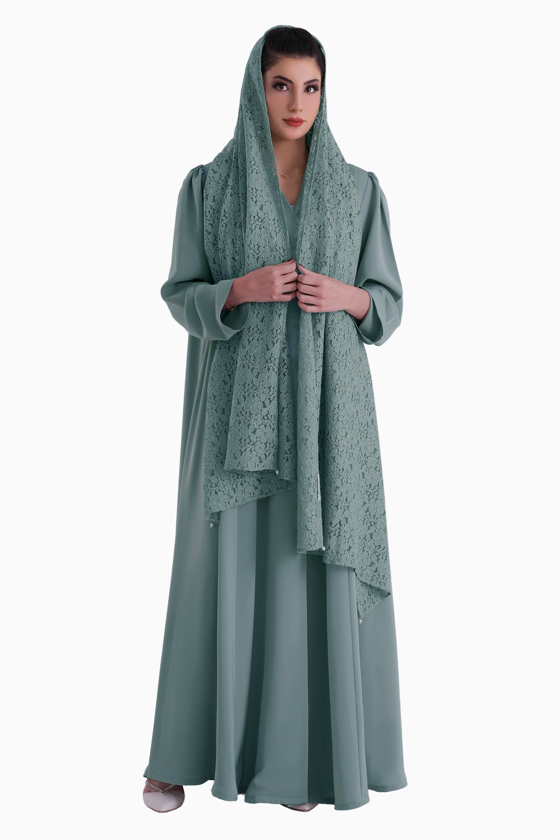 Frenchelle Pastel Teal- Plain Minimalist Abaya with Matching Floral Lace Shella Set