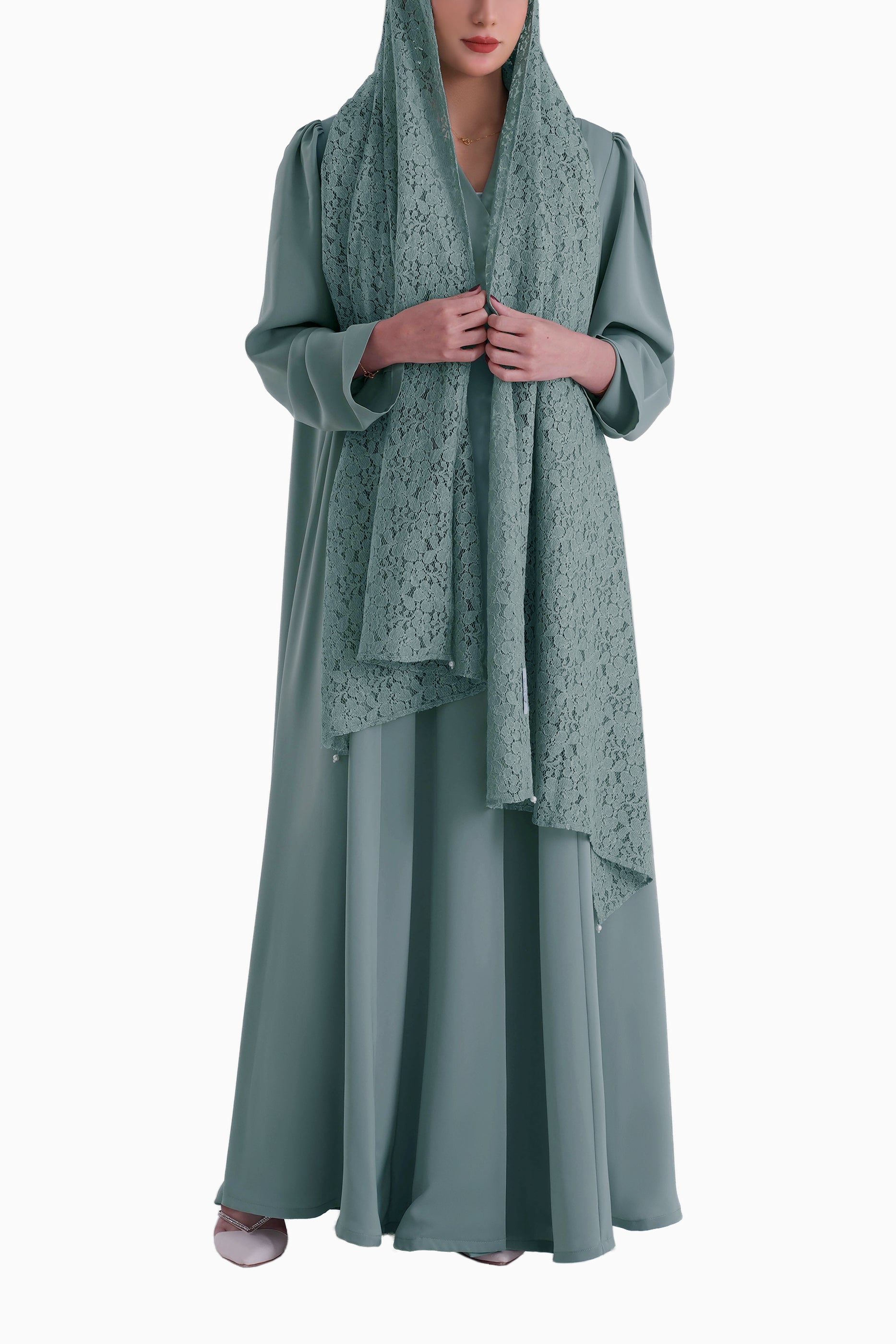 Frenchelle Pastel Teal- Plain Minimalist Abaya with Matching Floral Lace Shella Set