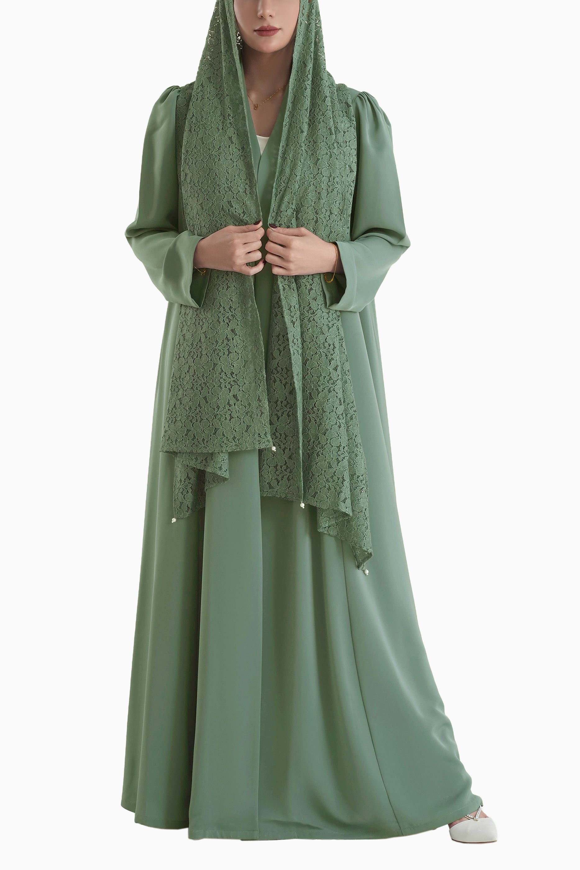 Frenchelle Mint - Plain Minimalist Abaya with Matching Floral Lace Shella Set