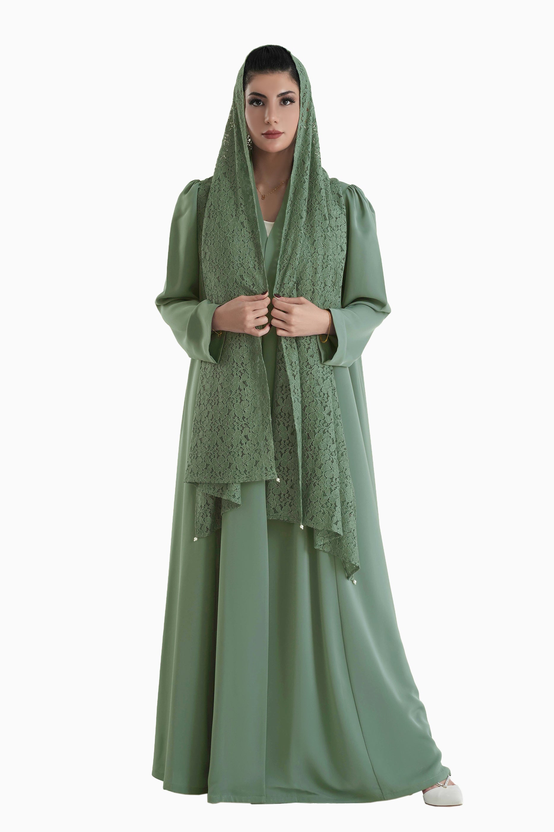 Frenchelle Mint - Plain Minimalist Abaya with Matching Floral Lace Shella Set