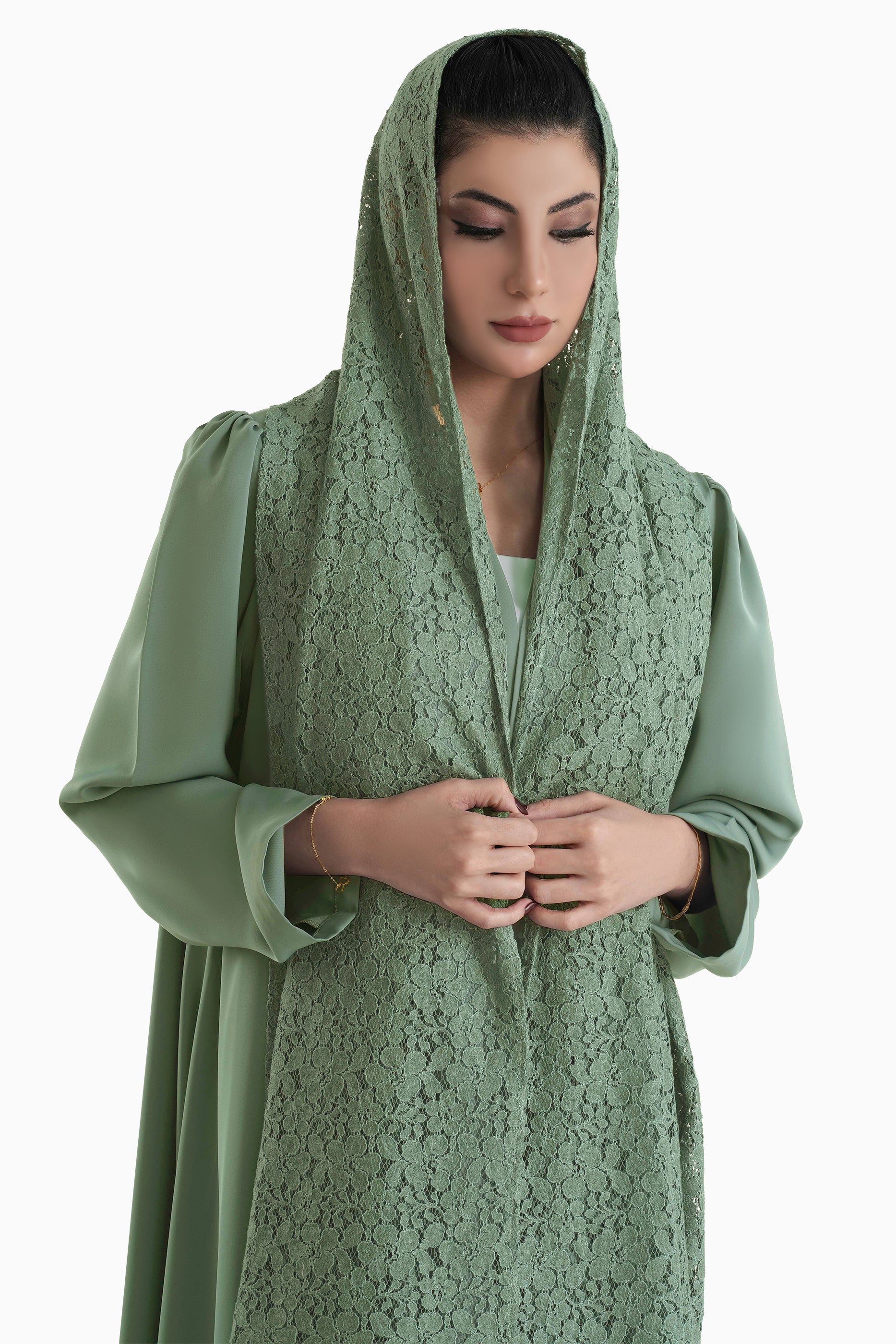Frenchelle Mint - Plain Minimalist Abaya with Matching Floral Lace Shella Set