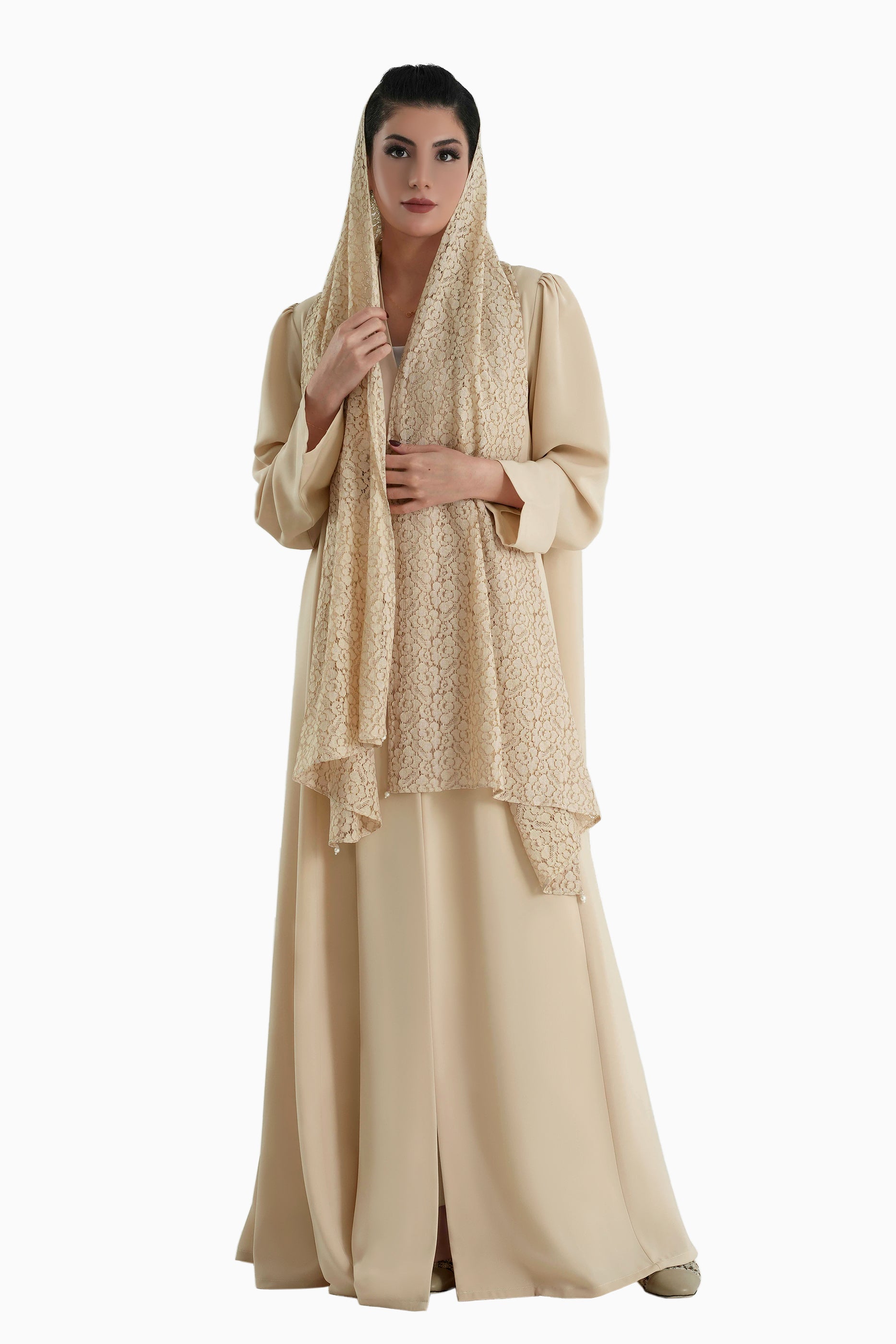 Frenchelle Cream - Plain Minimalist Abaya with Matching Floral Lace Shella Set