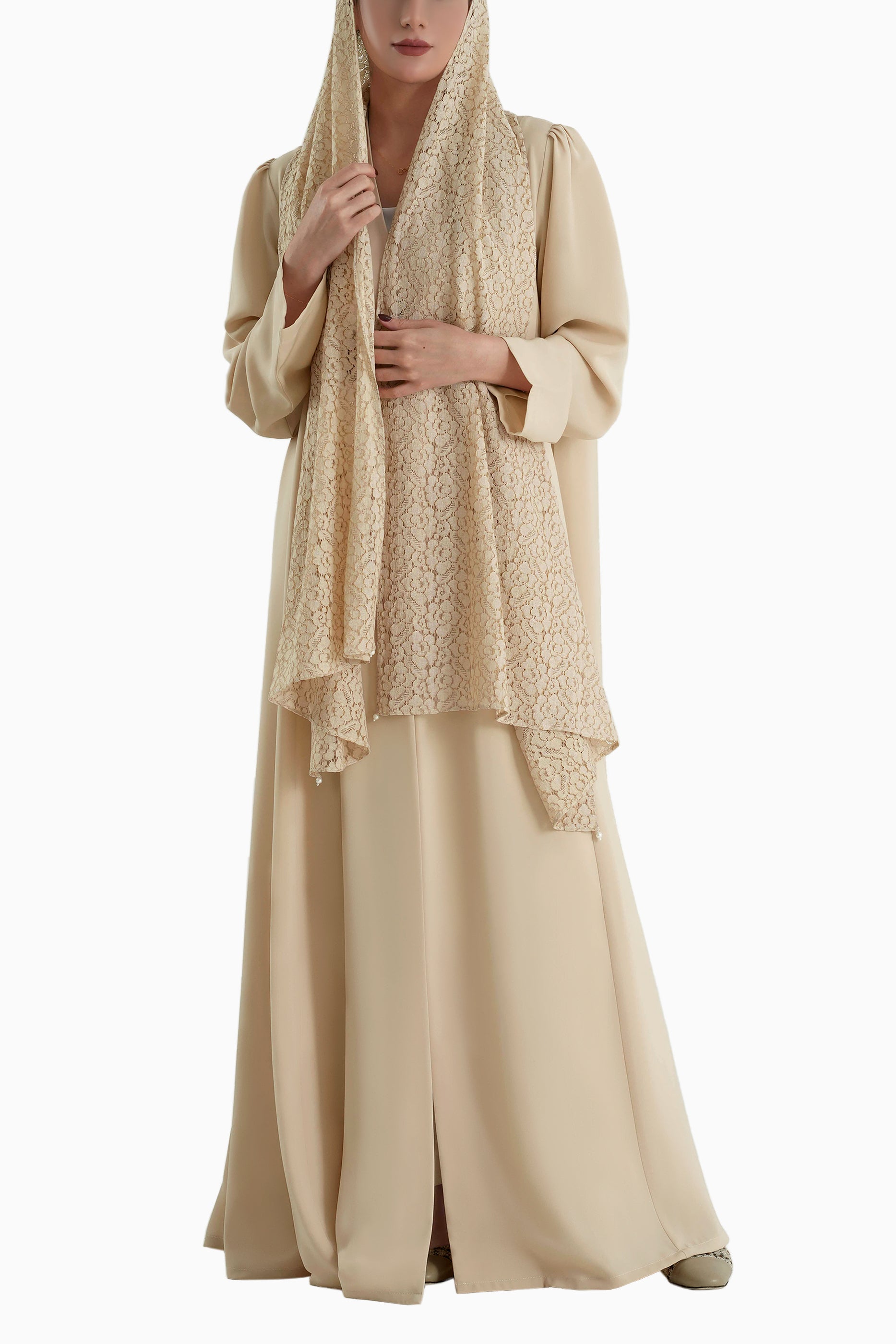 Frenchelle Cream - Plain Minimalist Abaya with Matching Floral Lace Shella Set