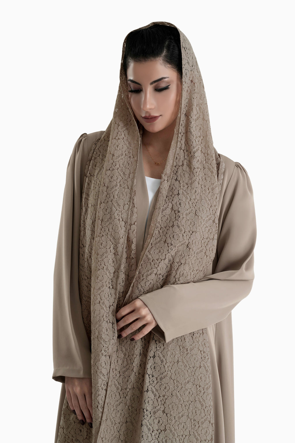 Frenchelle Dark Beige- Plain Minimalist Abaya with Matching Floral Lace Shella Set