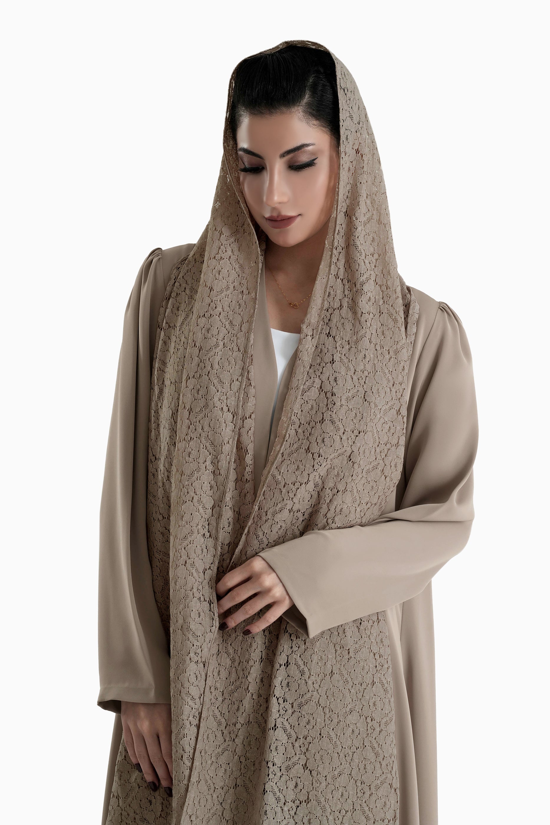 Frenchelle Dark Beige- Plain Minimalist Abaya with Matching Floral Lace Shella Set