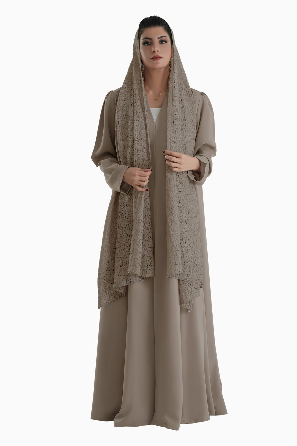 Frenchelle Dark Beige- Plain Minimalist Abaya with Matching Floral Lace Shella Set