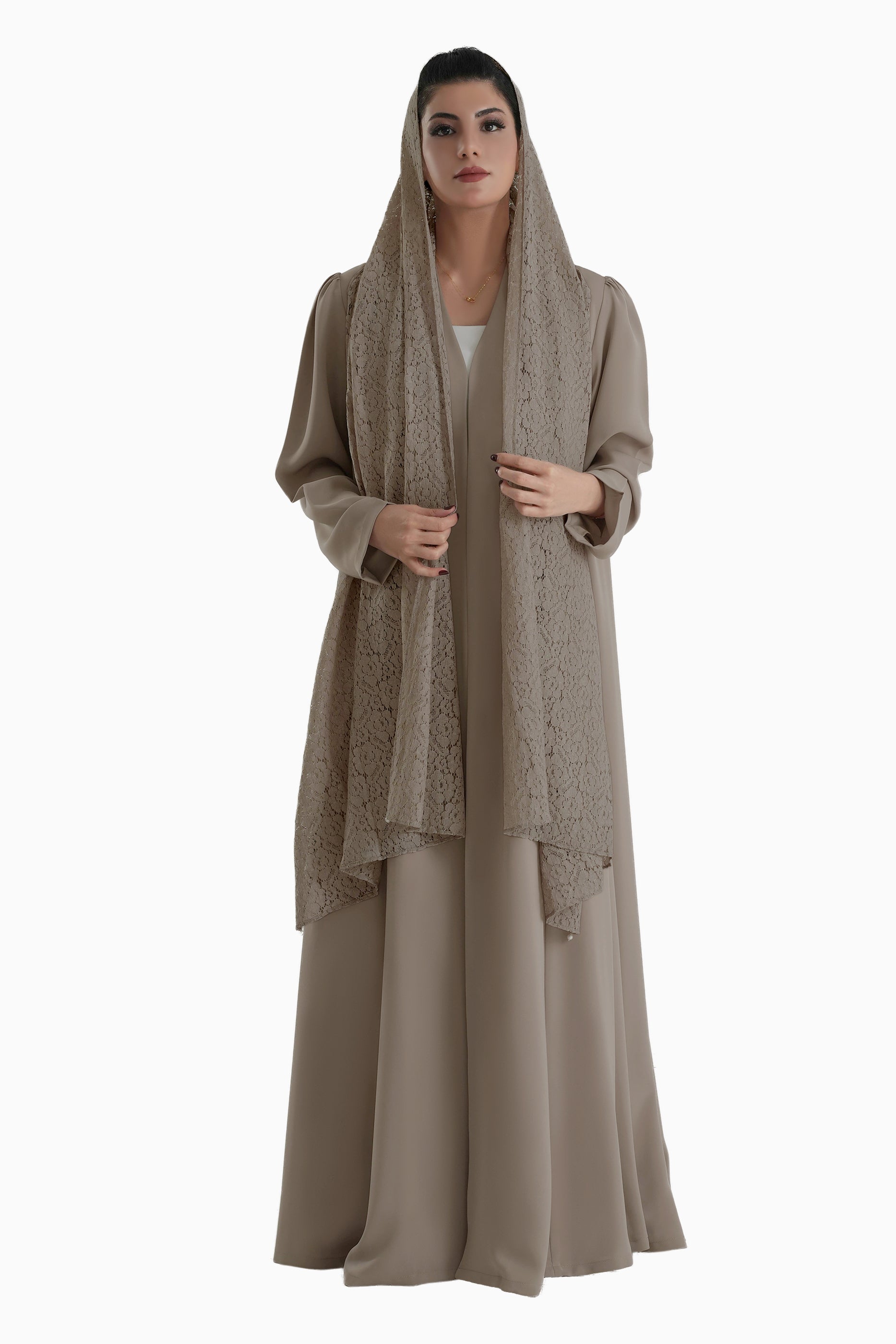 Frenchelle Dark Beige- Plain Minimalist Abaya with Matching Floral Lace Shella Set