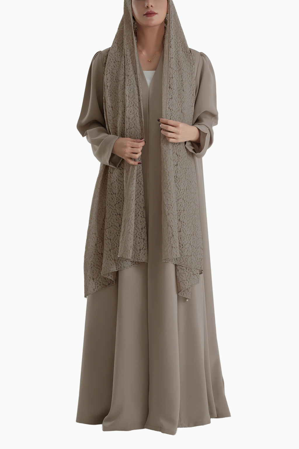 Frenchelle Dark Beige- Plain Minimalist Abaya with Matching Floral Lace Shella Set