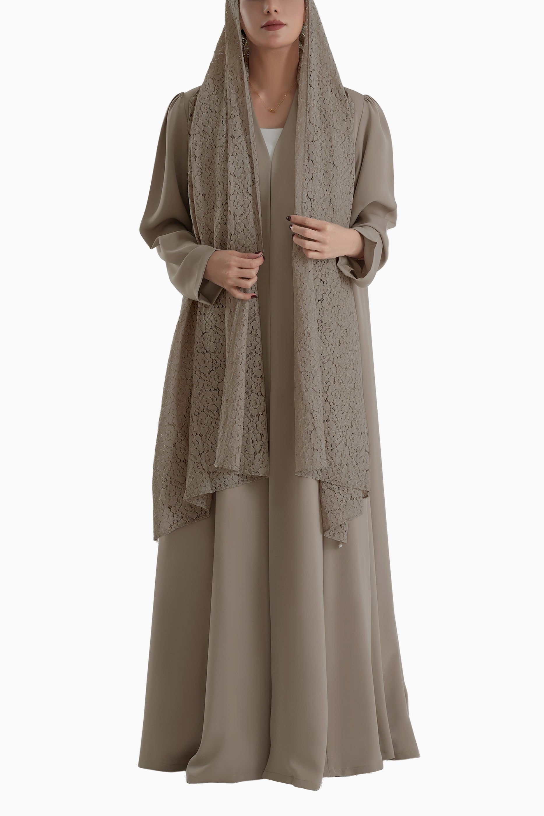 Frenchelle Dark Beige- Plain Minimalist Abaya with Matching Floral Lace Shella Set