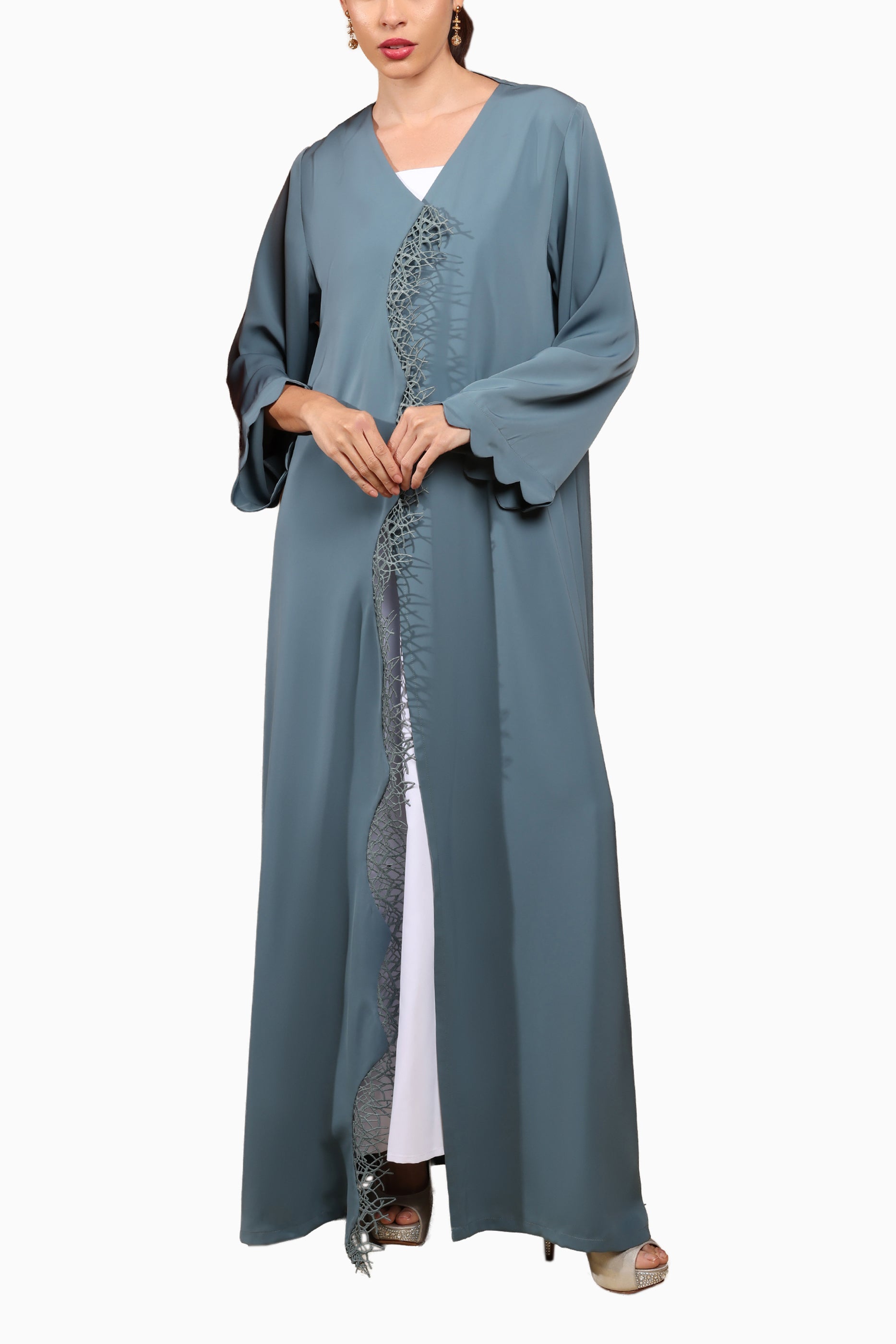 Aya Leaf- Nada Fabric with Lace Front and Sleeve Abaya