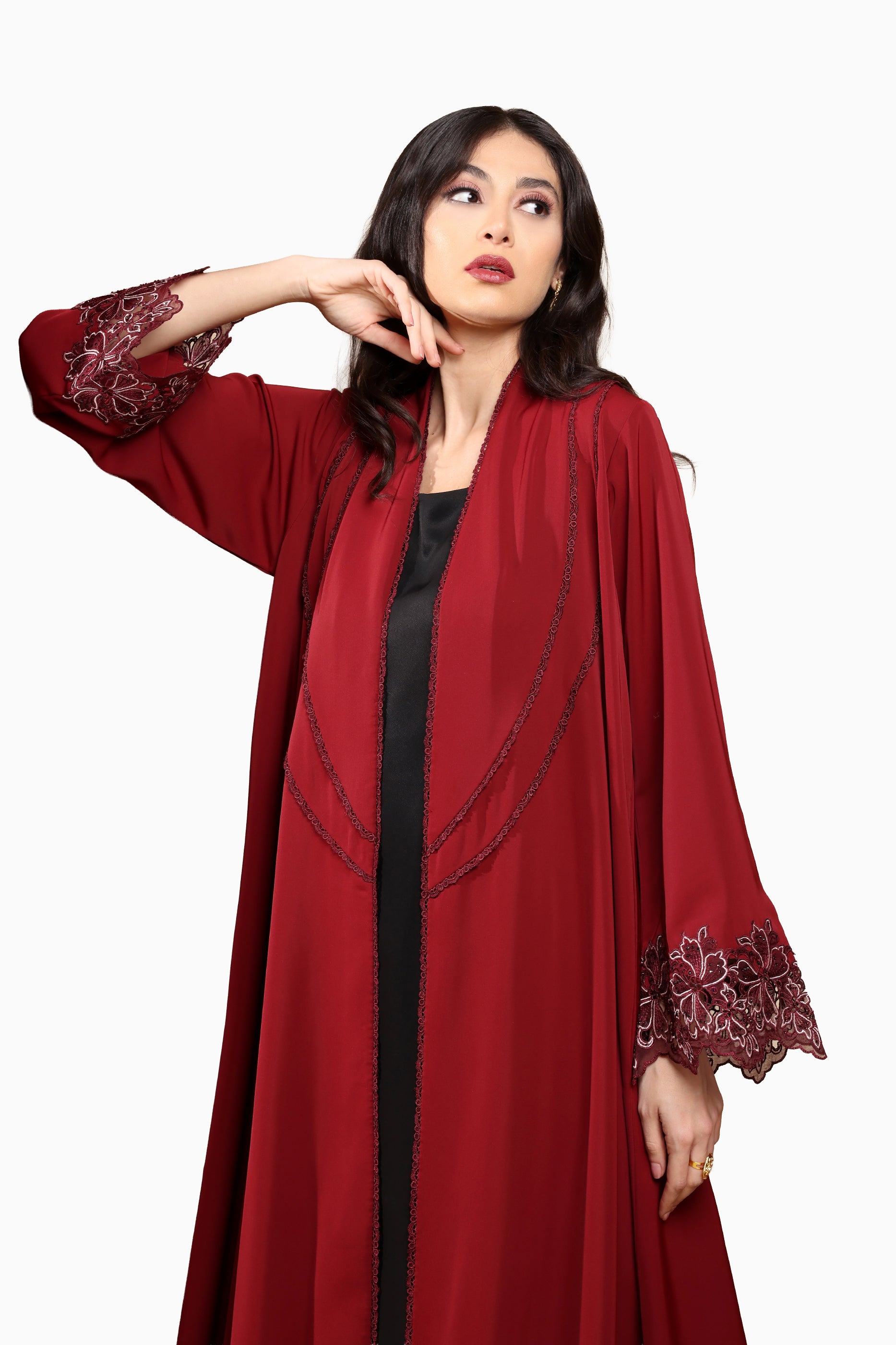 Aya Red - Nada Fabric with Lace Sleeves Abaya