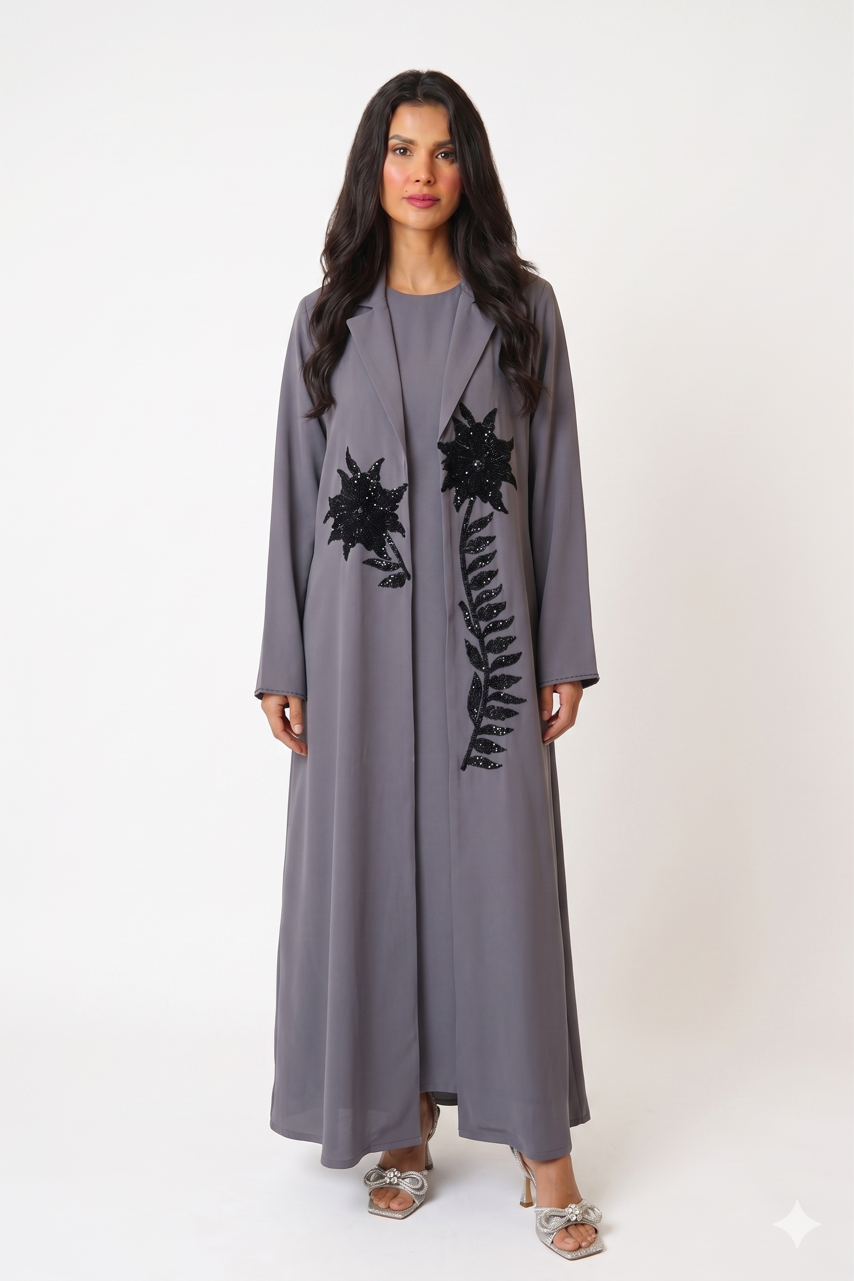 Cayra Grey – Tailored Crepe Embroidered Abaya