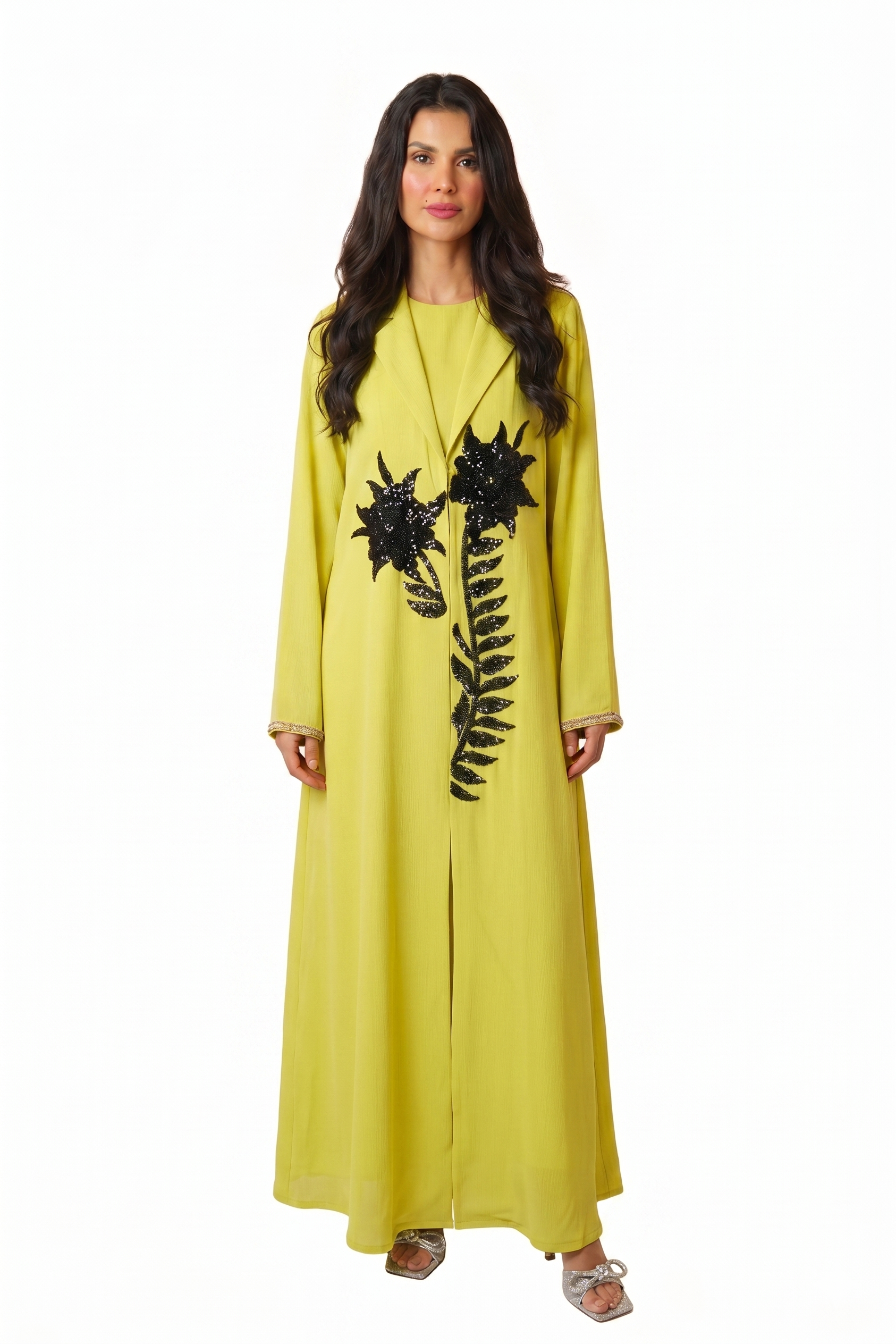 Cayra Yellow – Tailored Crepe Embroidered Abaya