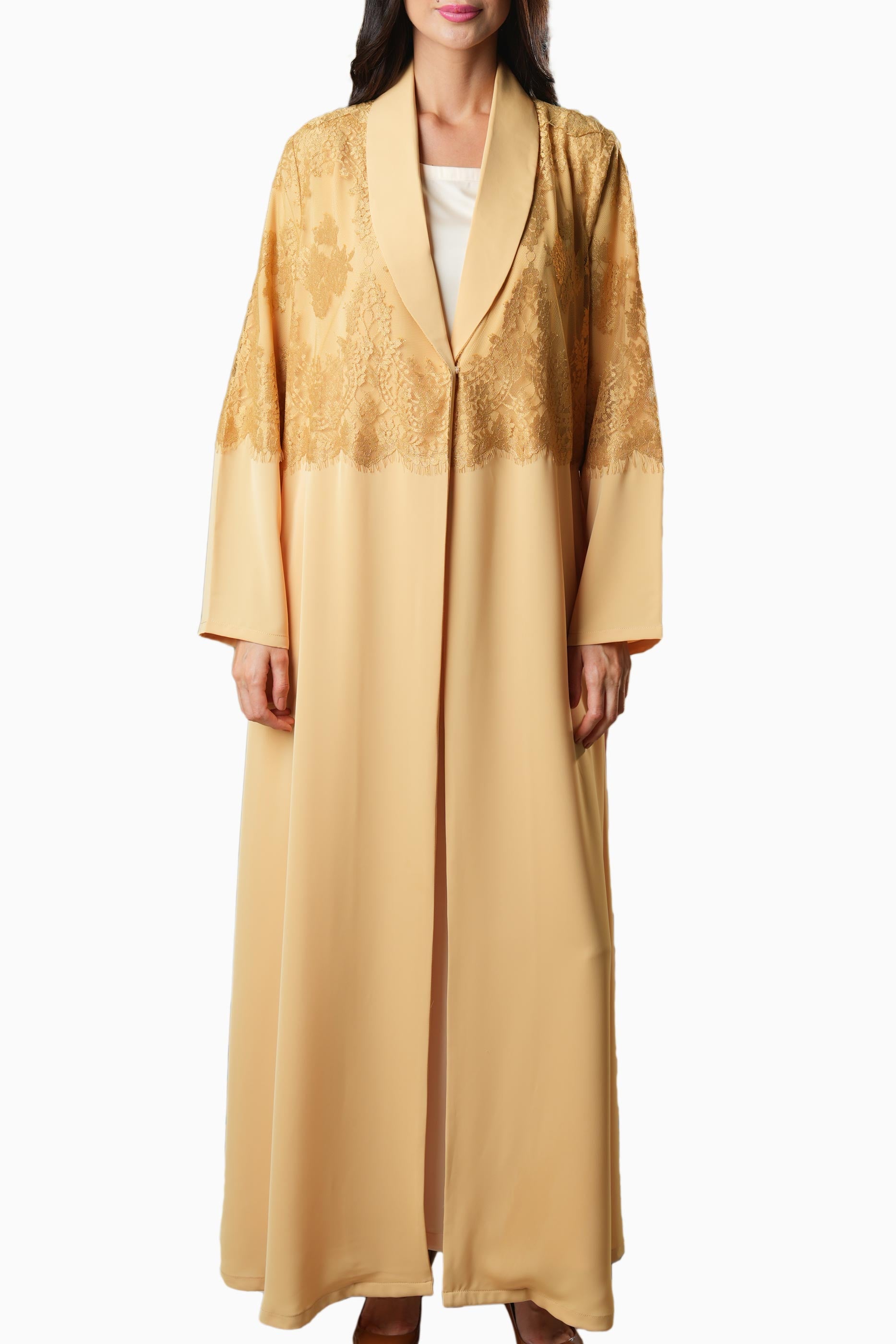 Dana Beige – Soft Crepe French Lace Abaya