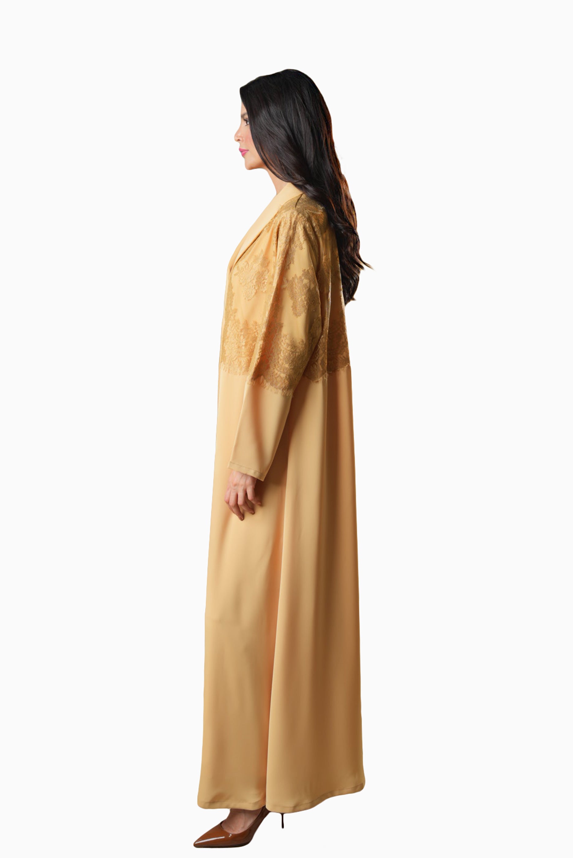 Dana Beige – Soft Crepe French Lace Abaya