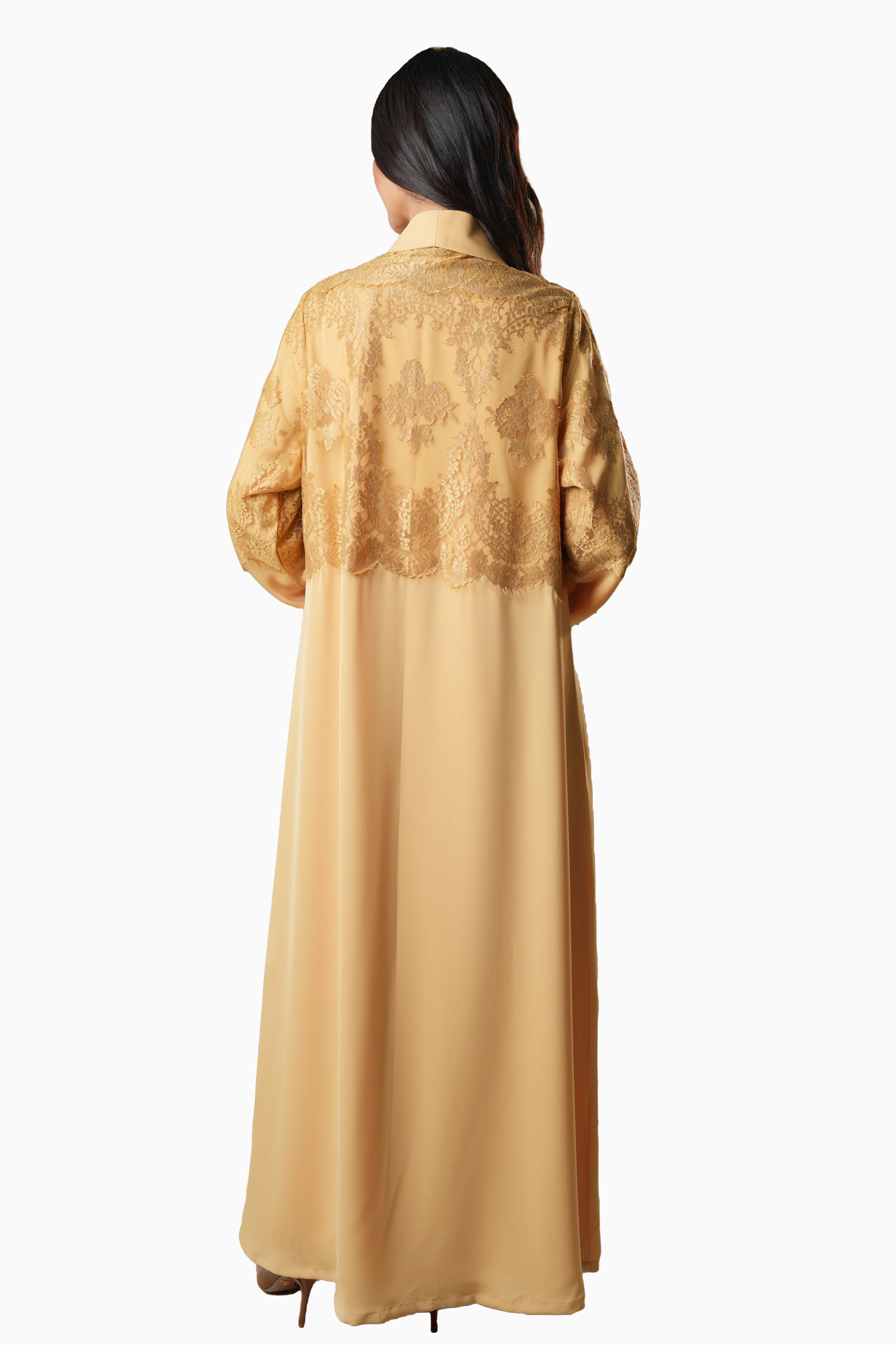 Dana Beige – Soft Crepe French Lace Abaya