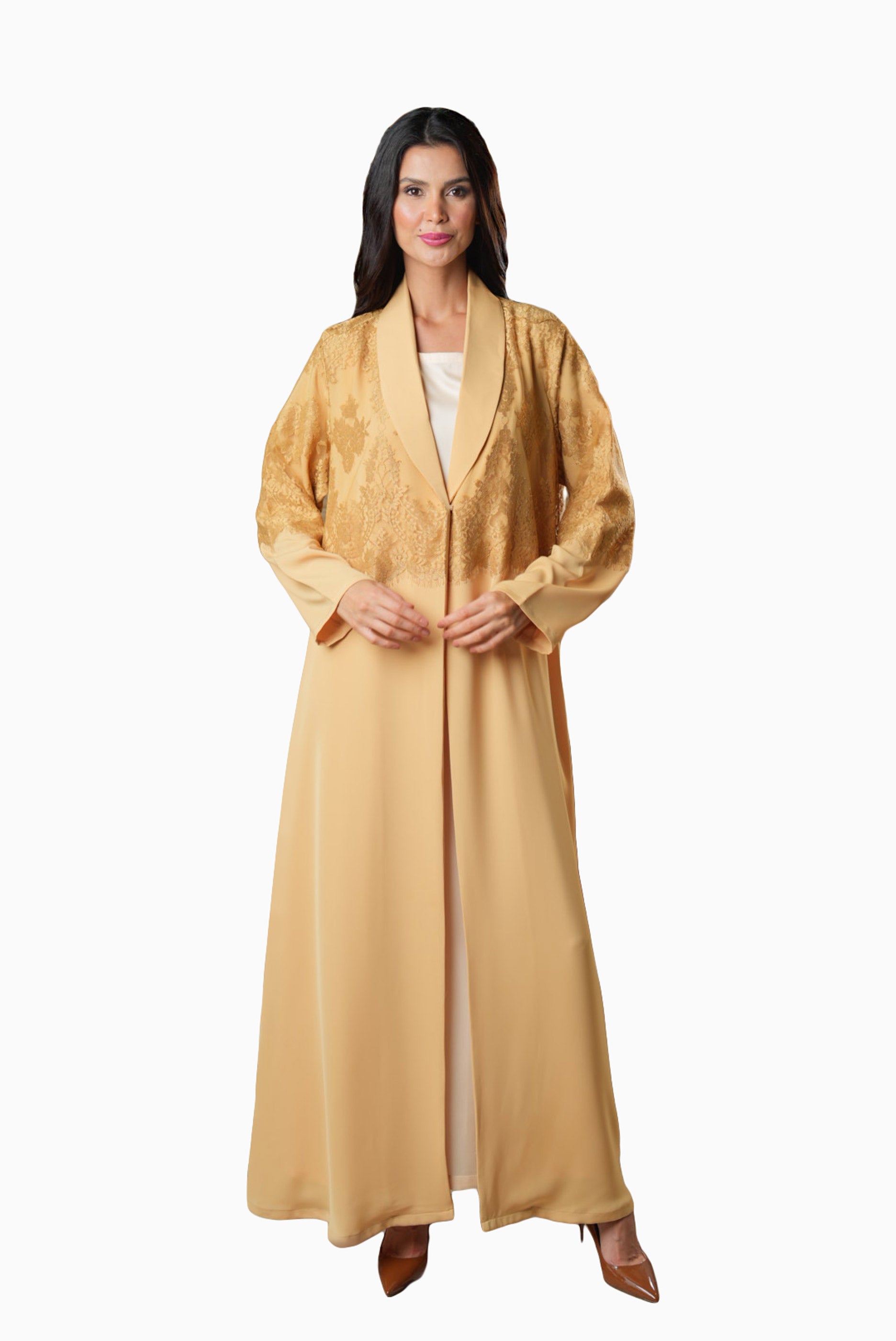 Dana Beige – Soft Crepe French Lace Abaya