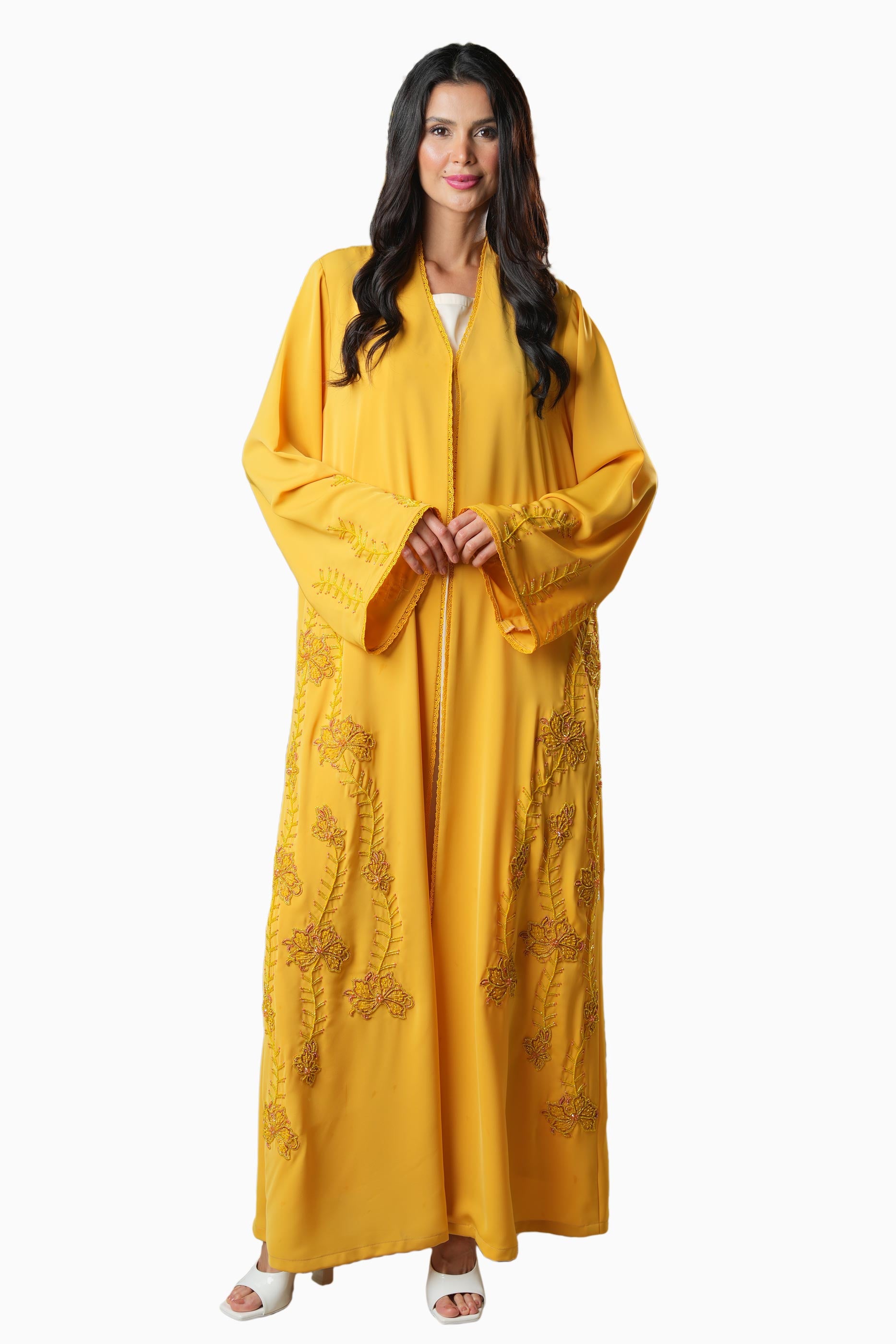 Rania Mustard – Soft Crepe Embroidered Abaya