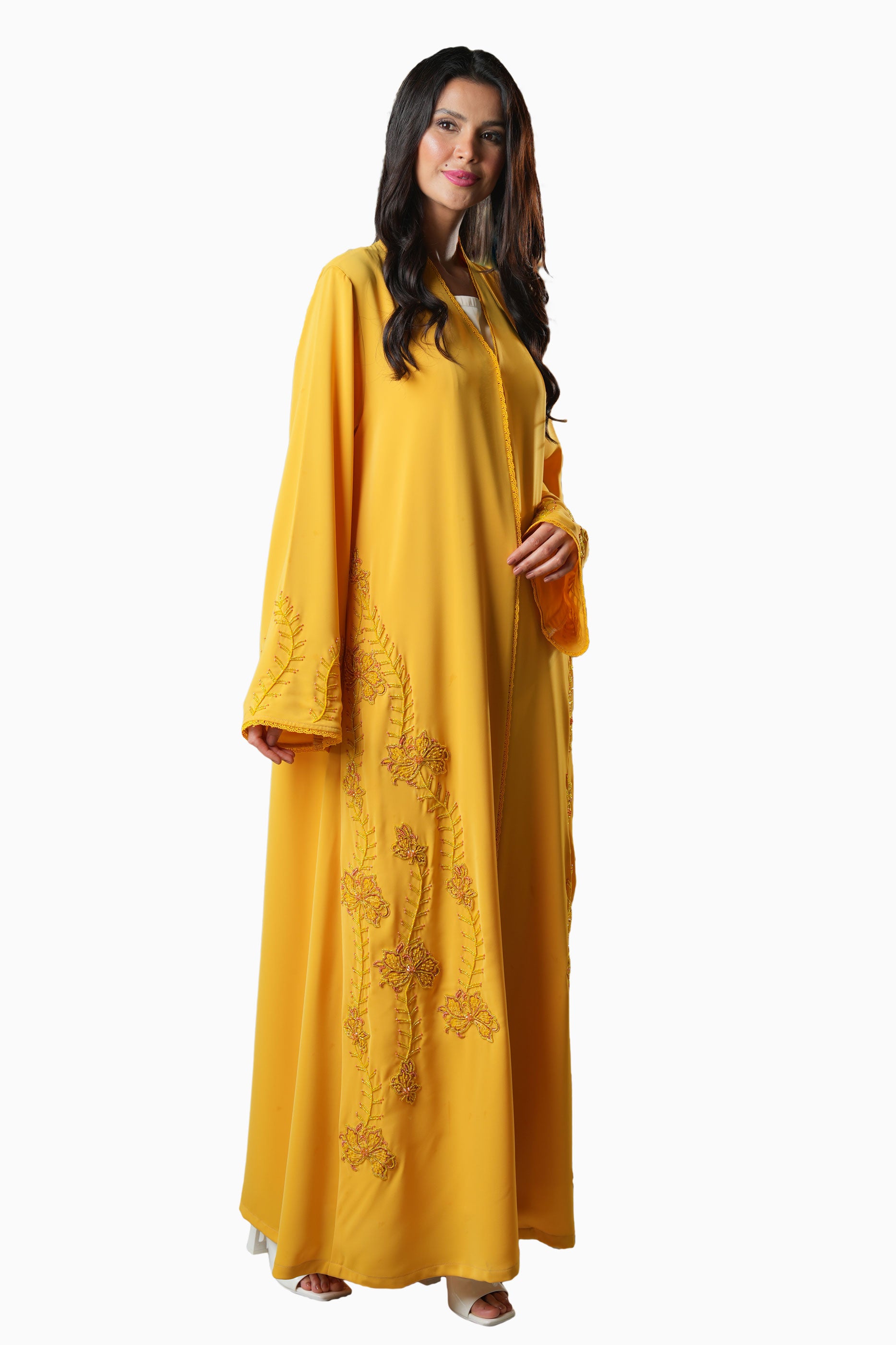 Rania Mustard – Soft Crepe Embroidered Abaya