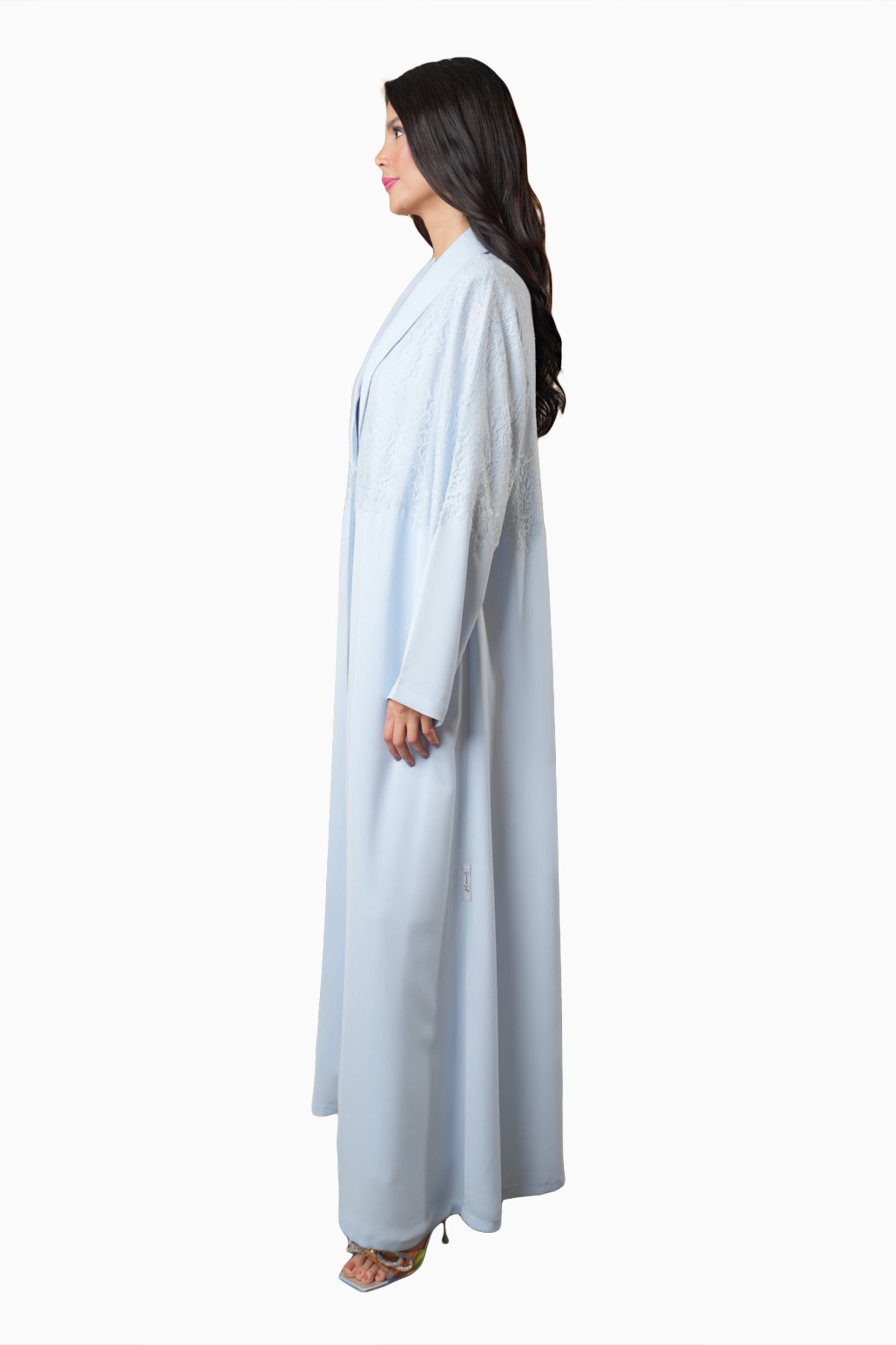Dana Powder Blue – Soft Crepe French Lace Abaya