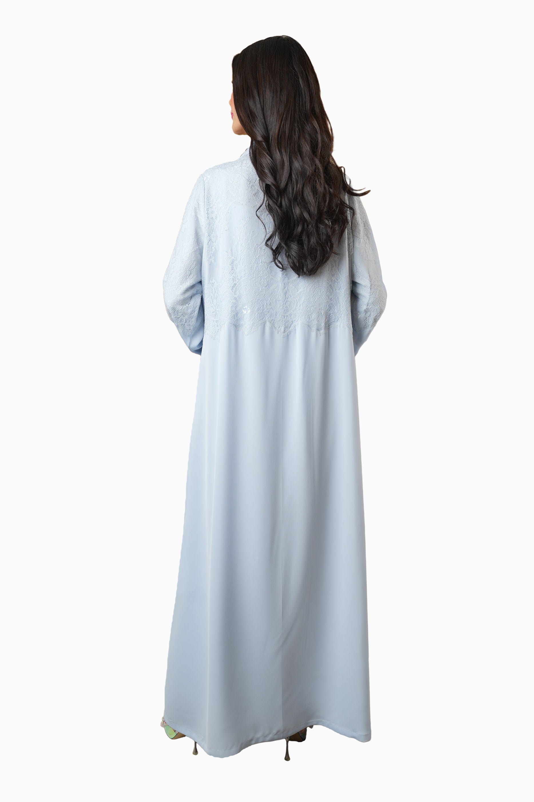 Dana Powder Blue – Soft Crepe French Lace Abaya